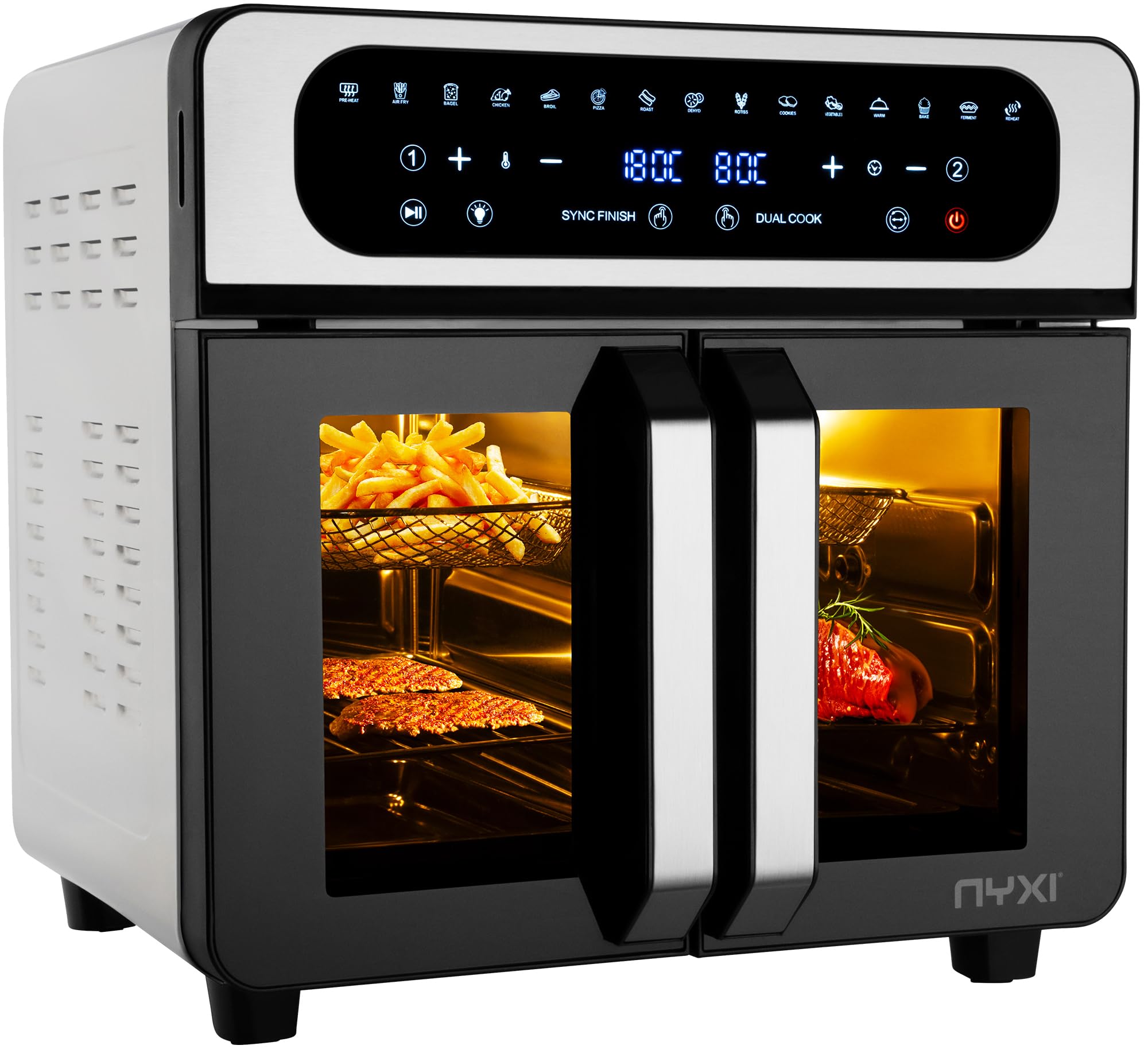 Nyxi 20L Air Fryer Oven with Dual French Glass Doors, Visual Window, 13 Cooking Modes, Digital Control, Adjustable Temperature, Timer, Non-Stick Tray, 12 Accessories, Stainless Steel