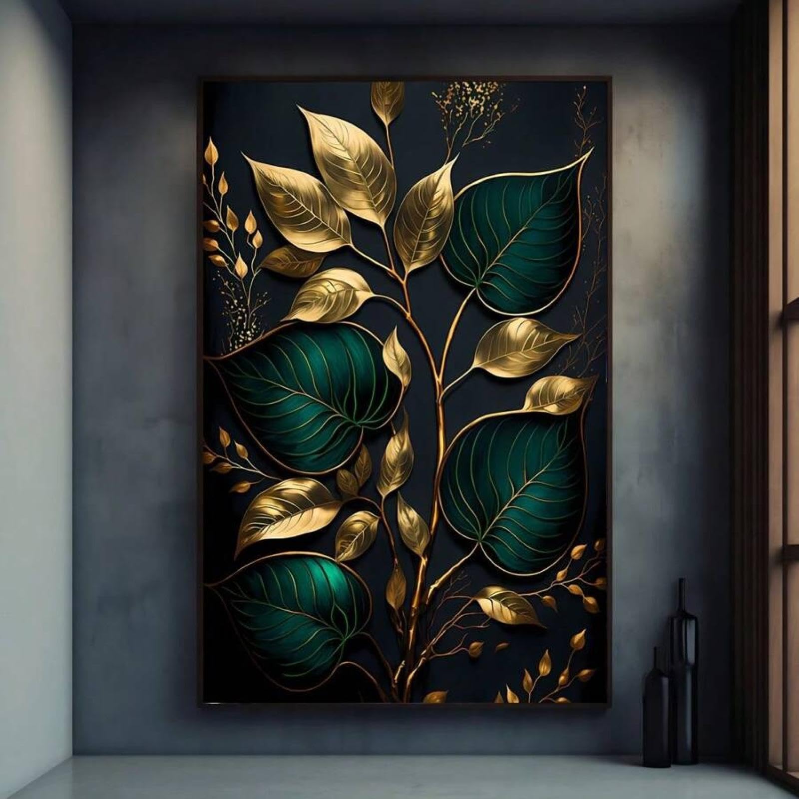 Lienzo de hojas verdes oscuras y doradas XBTYKPB, arte mural de gran sofisticación para estancias 8