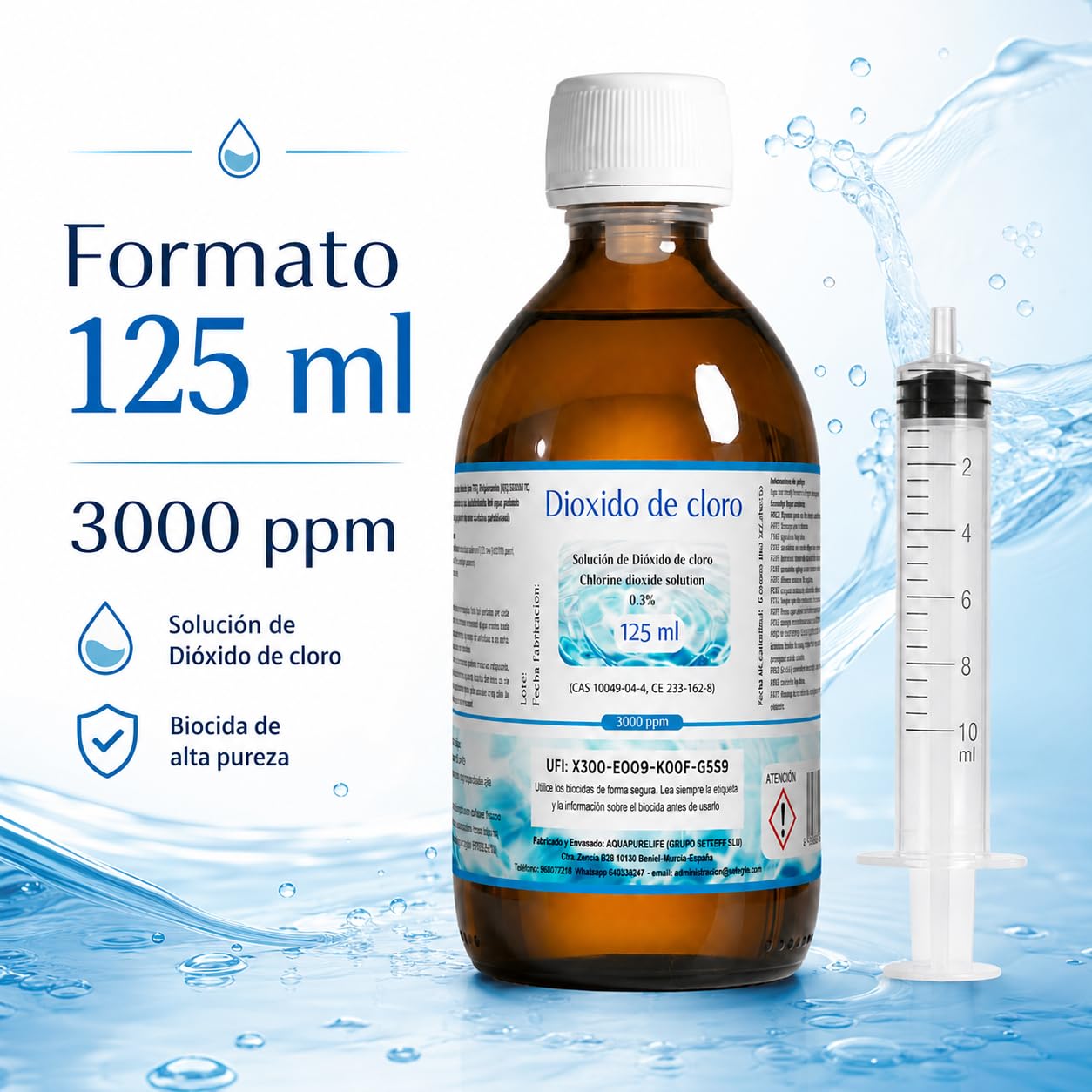 Dioxido de Cloro 3000ppm - CDS 0,3% - Envasado en Botella Cristal Ambar - Fabricado en España (125ml)