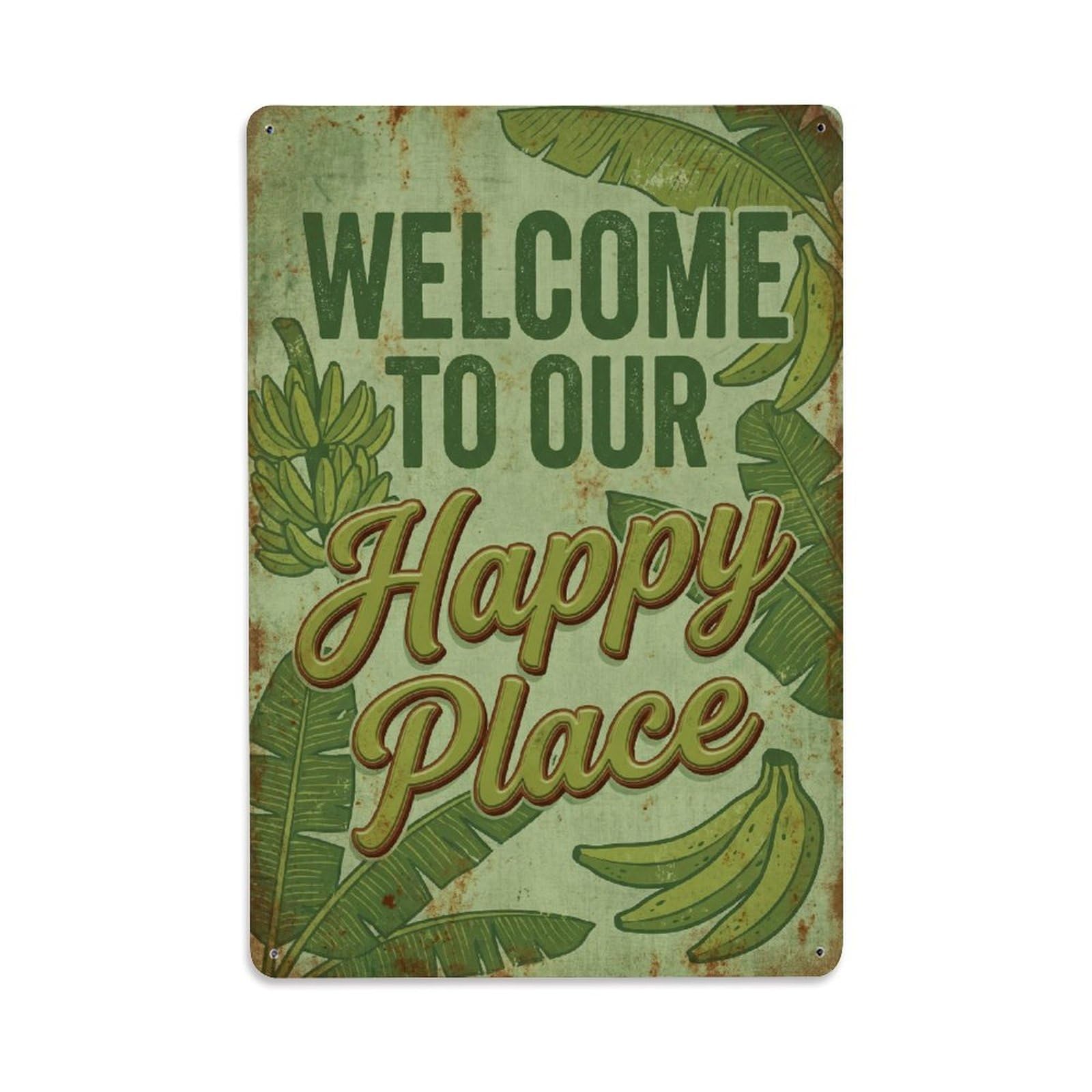 Okngb Style Plantain Green Welcome Happy Place Leafy Border Gate Metal Tin Sign Plaque Wall Decor For Cafe, Man Cave, Club Bar, Office, Home Garden Round Metal Poster 8X12inch