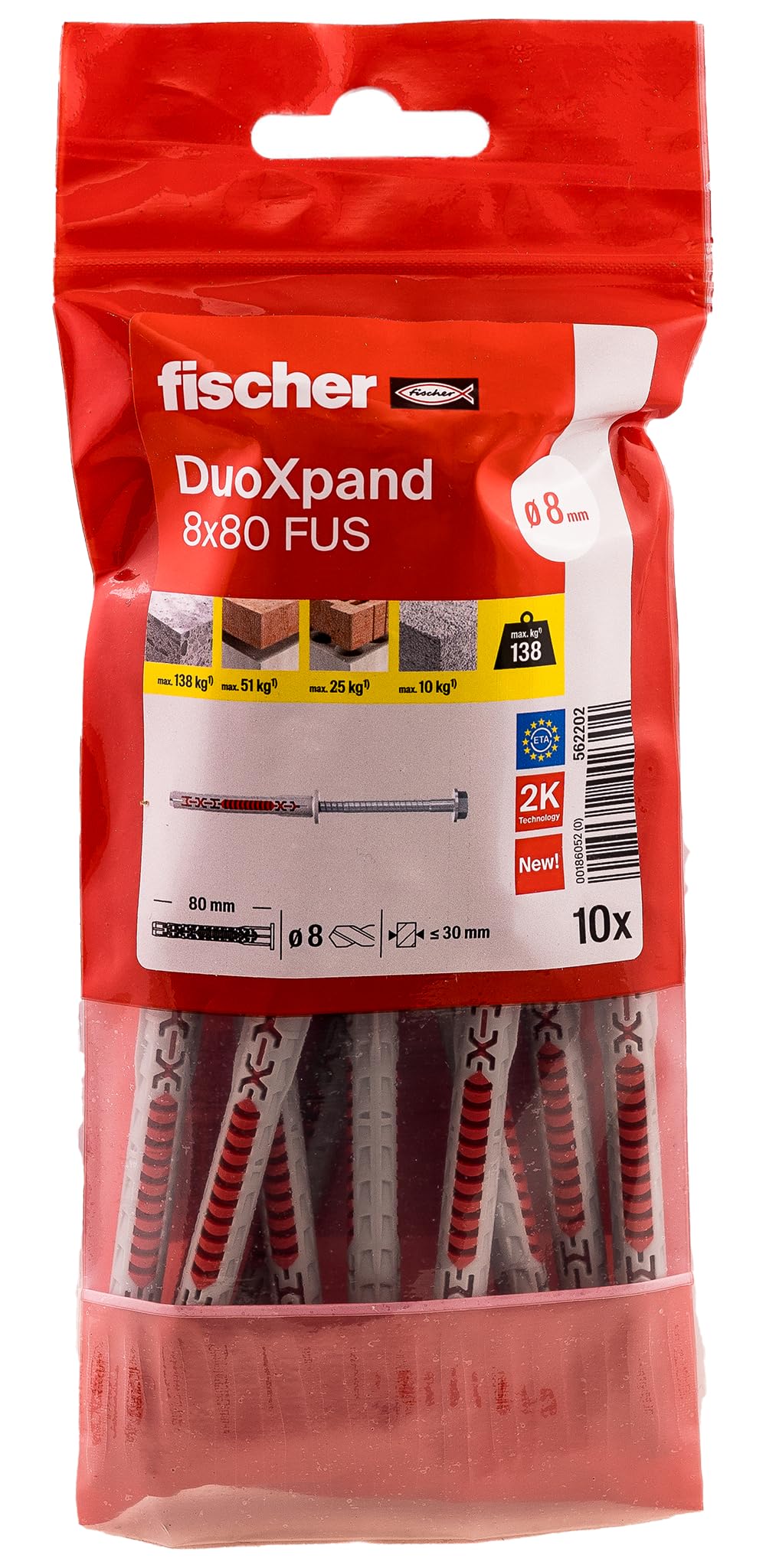 fischer DuoXpand 8 x 80 FUS, High-Quality Universal Dowel with Hex Screw & Moulded U Washer (Pack of 10), Dowels for Strong Hold, Ideal for Porous Building Materials & Close Anchors