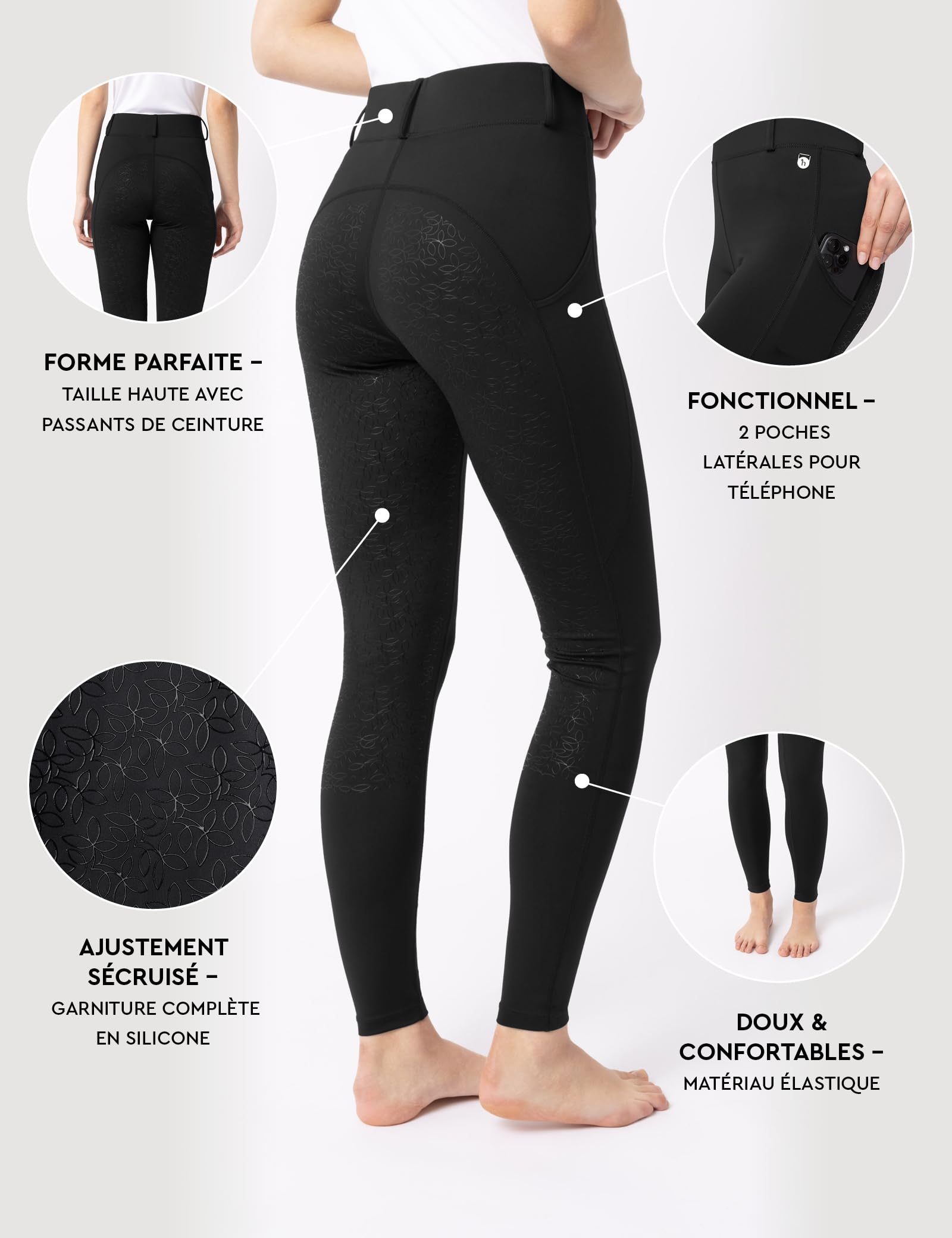 HORZE Dea Legging d'équitation Femme, Pantalon d'équitation avec Poche pour téléphone Portable, Passants de Ceinture, Fond intégral
