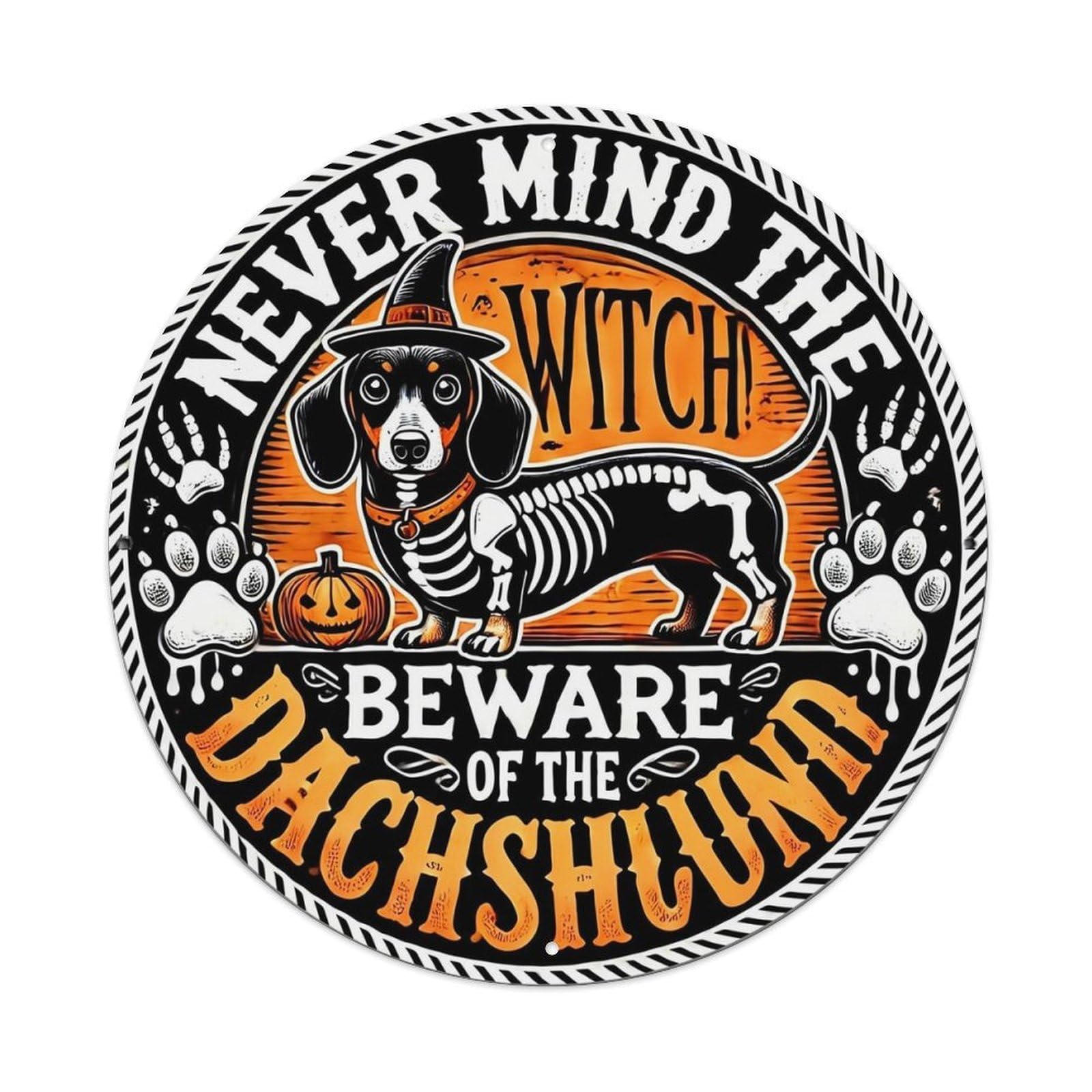 Dachshund Witch Halloween Warning Art Vintage Round Tin Sign Retro Metal Wall Decor Metal Poster, Home Bar Garage Cafe Wall Art Decoration 8x8Inches