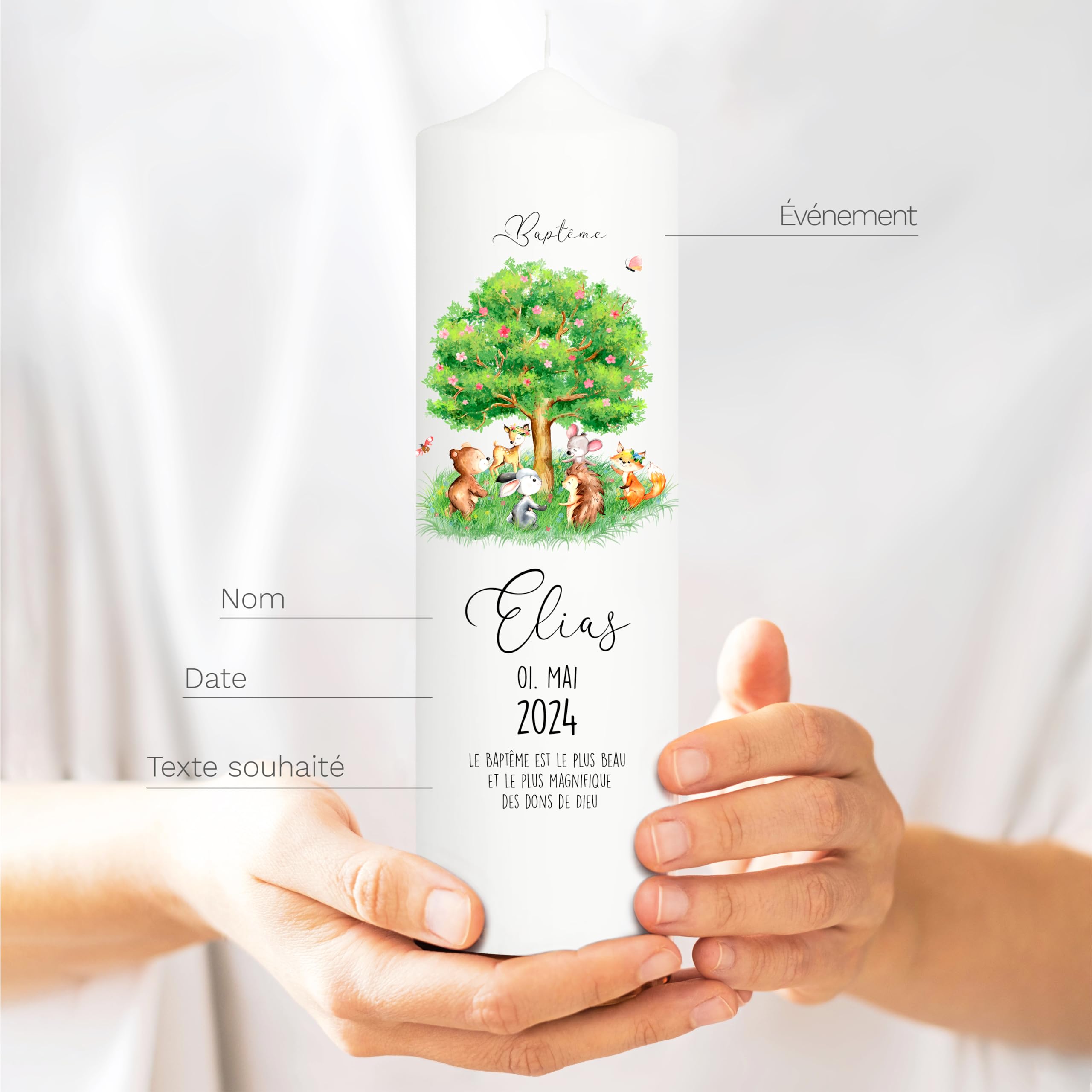 Bougie Baptême personnalisée Fille Garçon motif Arbre et Animaux de la forêt – Cierge Baptême avec prénom, date et message – 1 cierge + 1 bougie parrain/marraine – Cadeau parrain marrain 25 x 7 cm