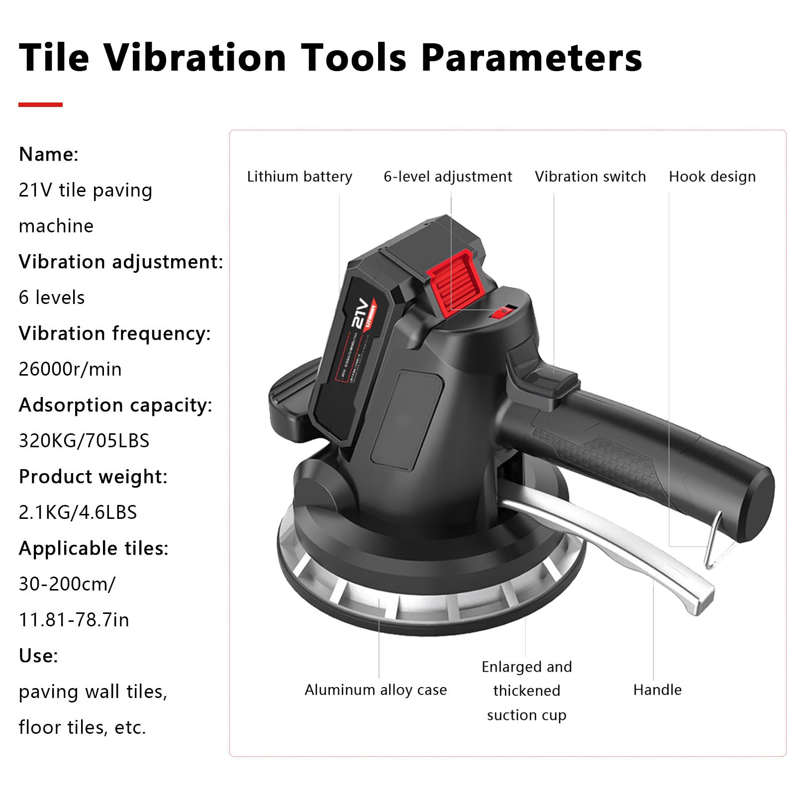 Herramientas de vibración para baldosas, máquina de vibración Manual para baldosas de 6 velocidades con Ventosa de 180 mm, máquina niveladora para instalación de baldosas, máx. 26 000 r/min