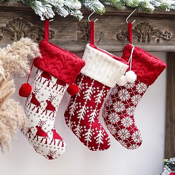 Christmas Stockings 3 Pcs 16 Inches Knit Knitted Stockings Rustic Christmas Stocking Ornament Set for Family Holiday Xmas Party Decorations Knitted Snowflake Tree Elk