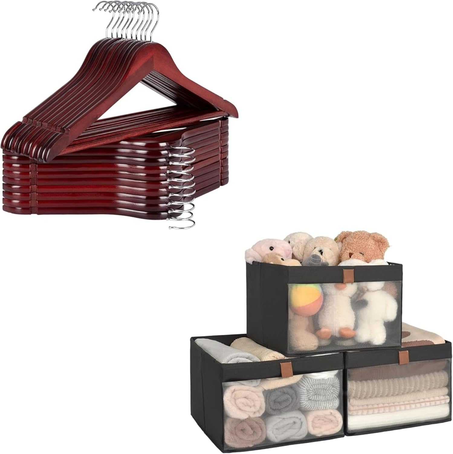 Wooden Coat Hanger with Closet Storage Bins