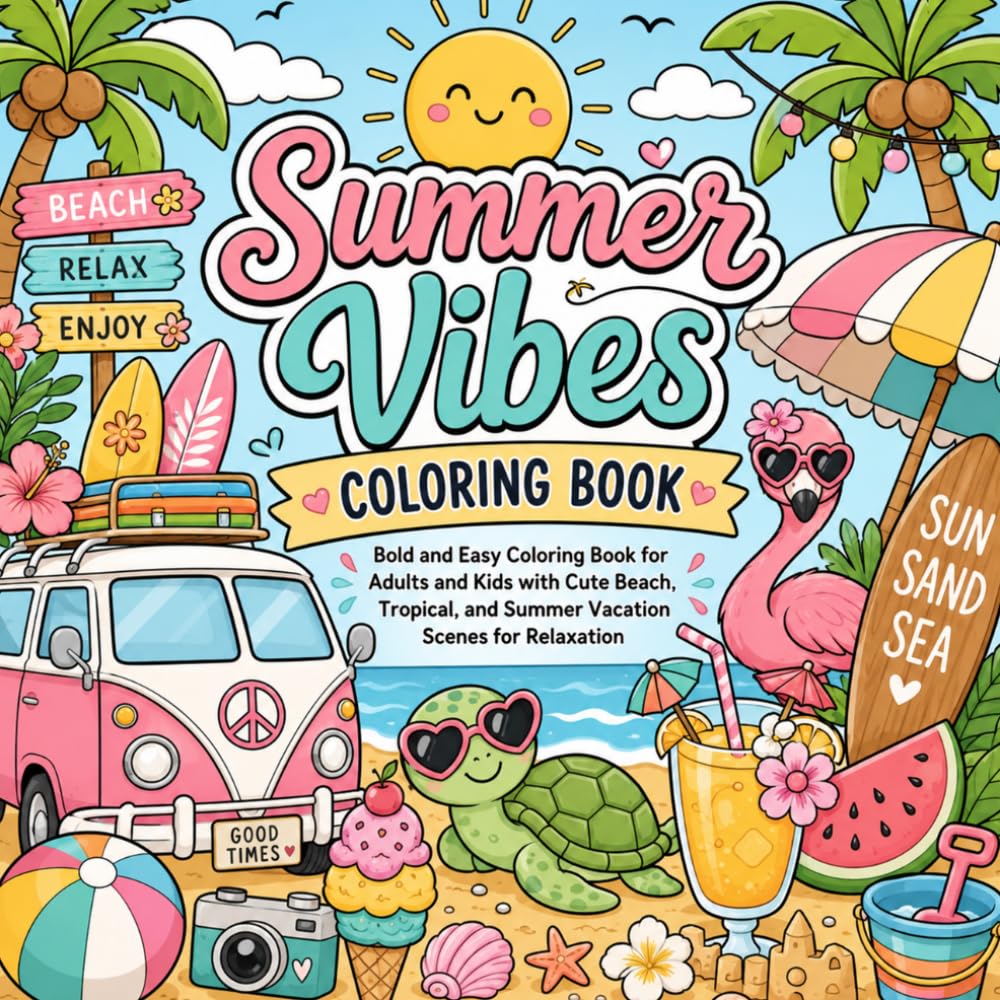 Summer Vibes Coloring Book: Bold and Easy Coloring Book for Teens, Adults, and Kids Featuring Fun Summer Animals, Beach Days, and Tropical Vacation Designs