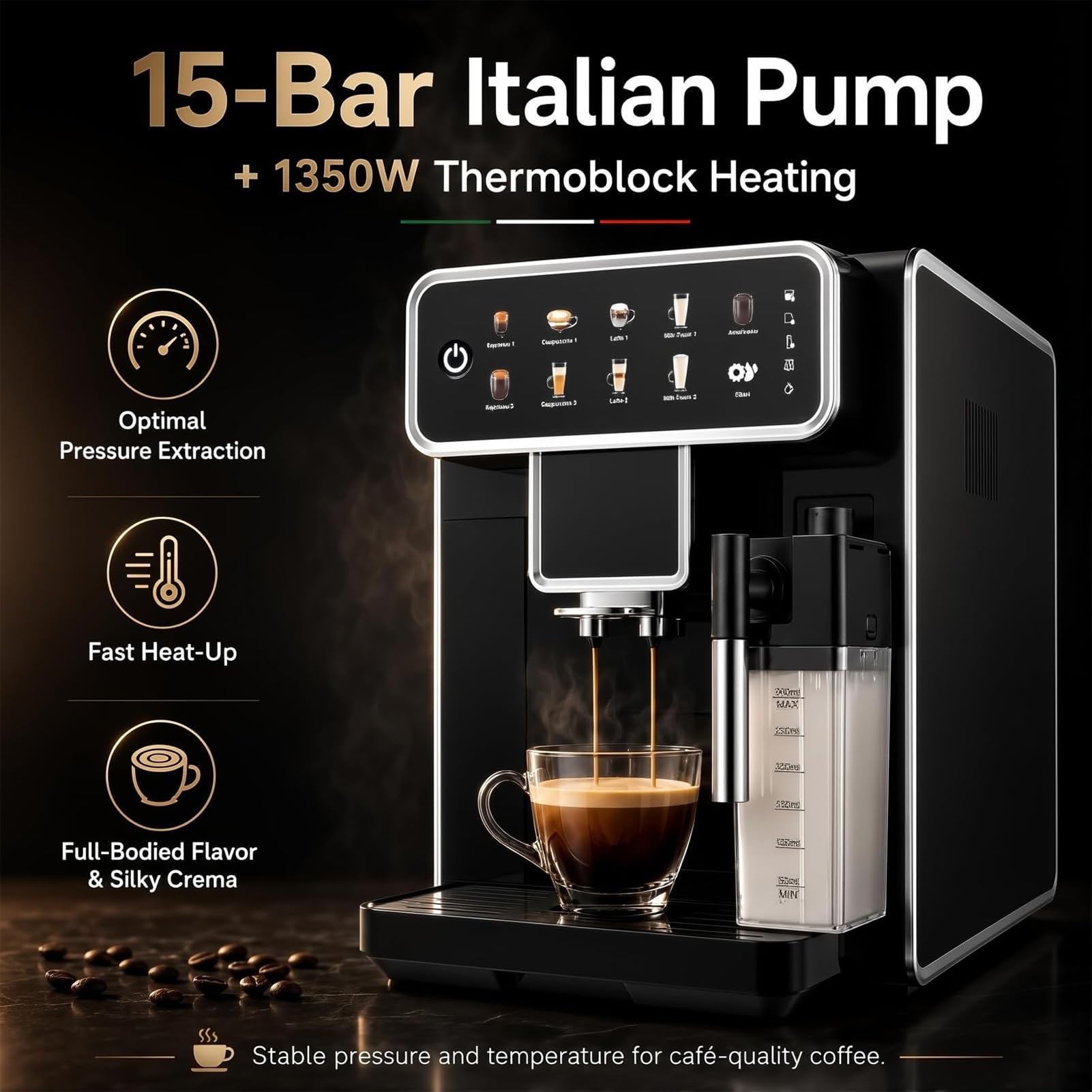 Máquina De Café Espresso Con Bomba De 15 Bares Y Espumador De Leche Con | Cafetera Espresso Automática Con Molinillo De Granos Calentamiento De 1350W Depósito De Leche Sistema De Limpieza(A)