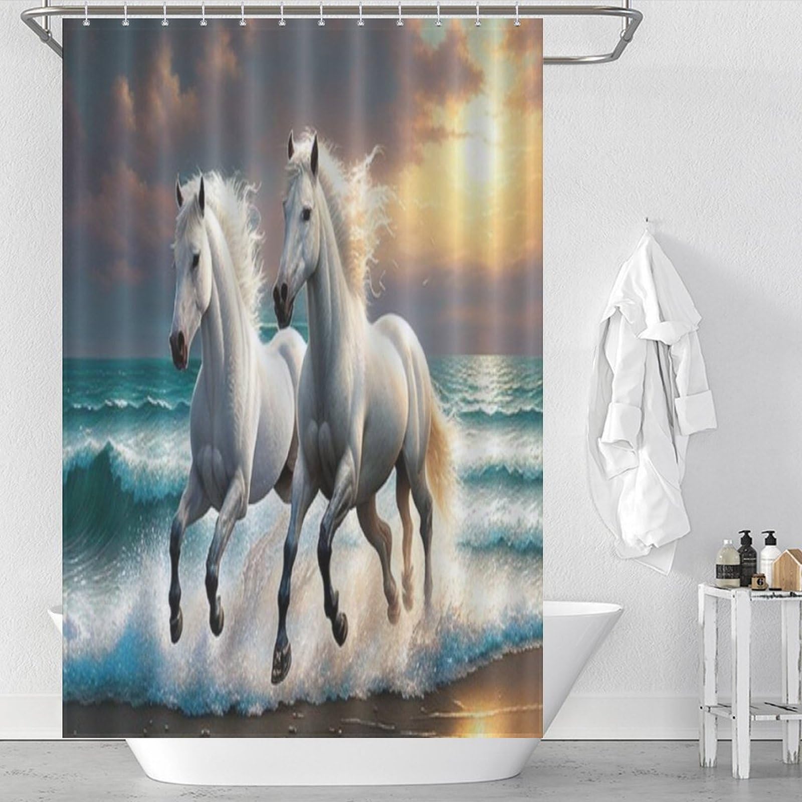 Rideau de douche cheval en tissu lavable pour éliminer l'eau sur le sol