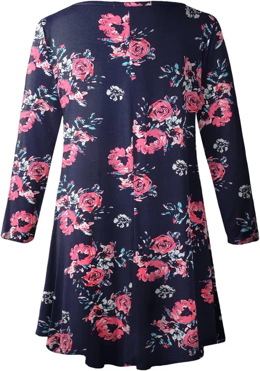 LARACE Floral Print Tunic Tops for Women 3/4 Sleeve Loose Fit Flare T-Shirt(3X, A-Navy02)