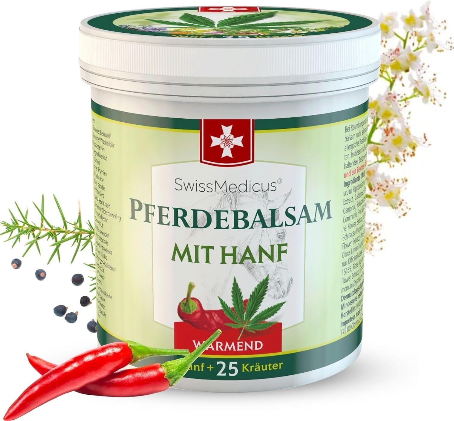 SwissMedicus - Pferdebalsam - El bálsamo de caballo con cannabis – efecto calor - Alivio real para el sistema muscular - 25 tipos de hierbas, 500 ml, Fyzio crema de caballo para musculos
