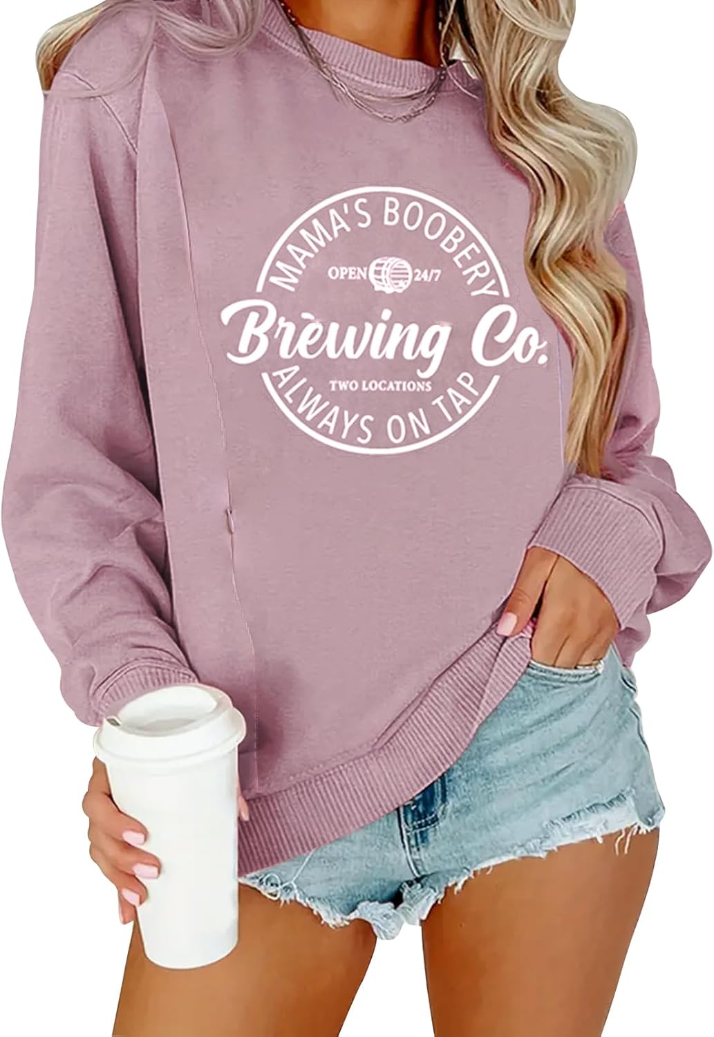 Women Causal Maternity Nursing Sweatshirt Comfort Friendly Zip Breastfeeding Pullover Tops Mama's Boobery Sweater Large Pink