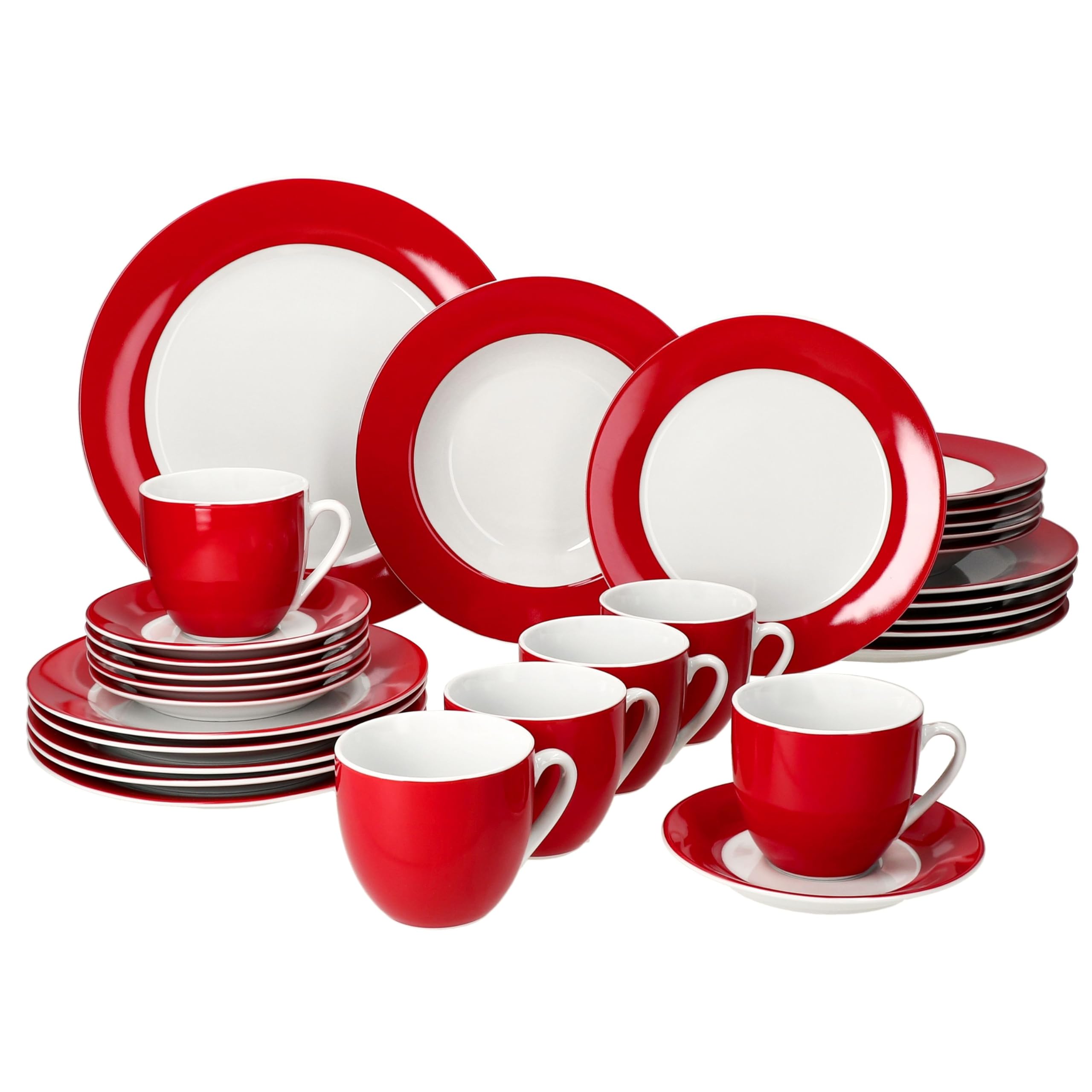 MamboCat Variant Rot 30tlg Kombiservice I Porzellan-Geschirrset mit rotem Rand für 6 Personen I Je 6x Kaffeetassen 200ml, Untertassen, Kuchenteller, Suppenteller & Speiseteller