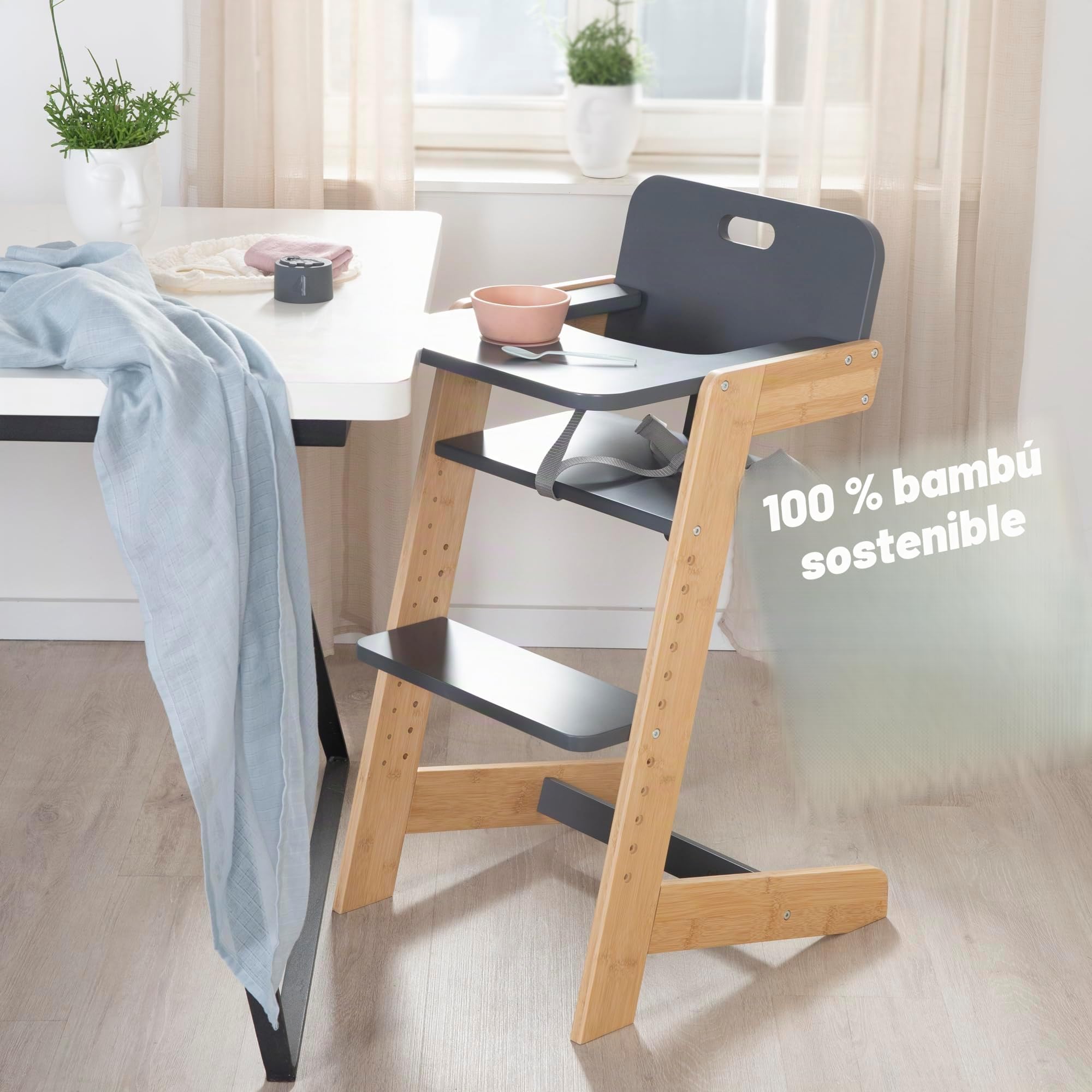 roba Trona para Bebés Nature Up - Trona de Madera de Bambú - Evolutiva con Bandeja Extraíble - Arnés de 3 Puntos - Soporta hasta 70 kg - Natural/Antracita
