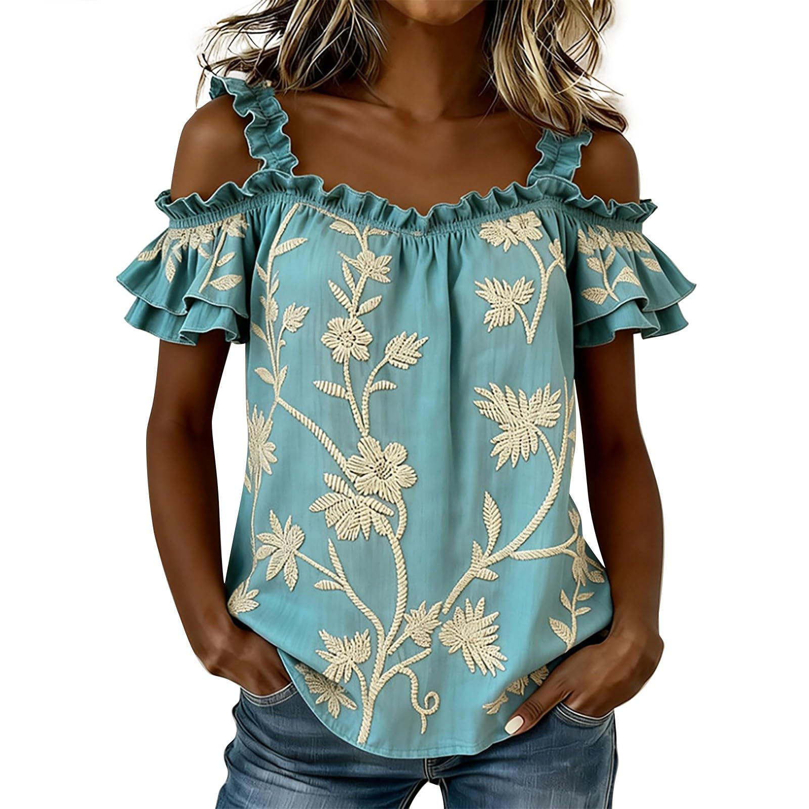 Top da donna con spalle scoperte, maniche corte, ricamato, largo