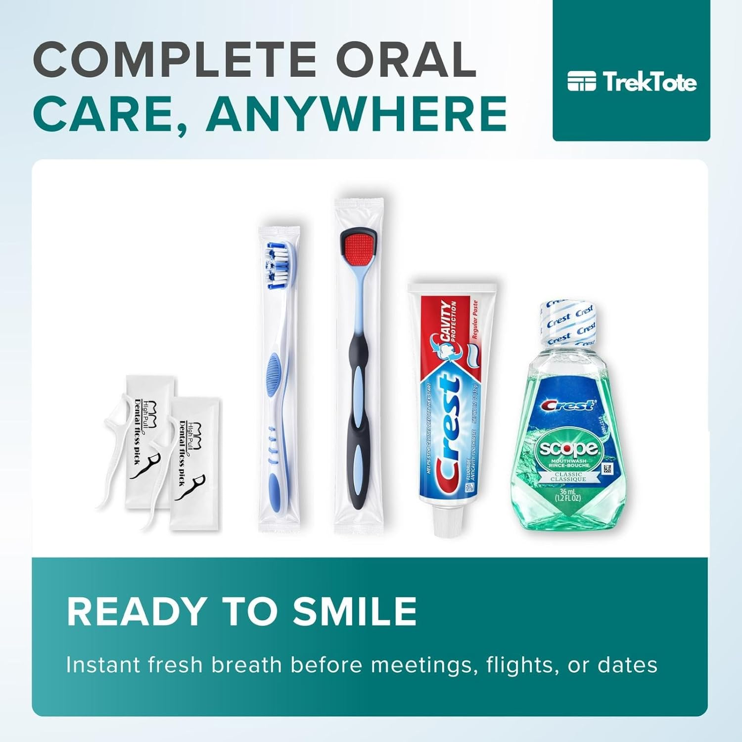 TrekTote Bulk Dental Hygiene Kits, Complete Oral Care Supplies Bulk Pack with Toothbrush Toothpaste Flossers, Individually Wrapped Dental Kits for Nonprofit Shelter Outreach Emergency Distribution