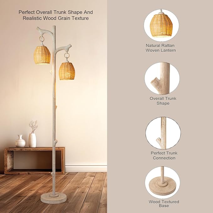 Scenekoy 68 inch Hoge Boerderij Rustieke Landelijke Cottage Vloerlamp Boomstam Faux Hout Kolom Wit Gewassen Rieten Drum Schaduw Decor voor Woonkamer Slaapkamer Leeskamer photo 2