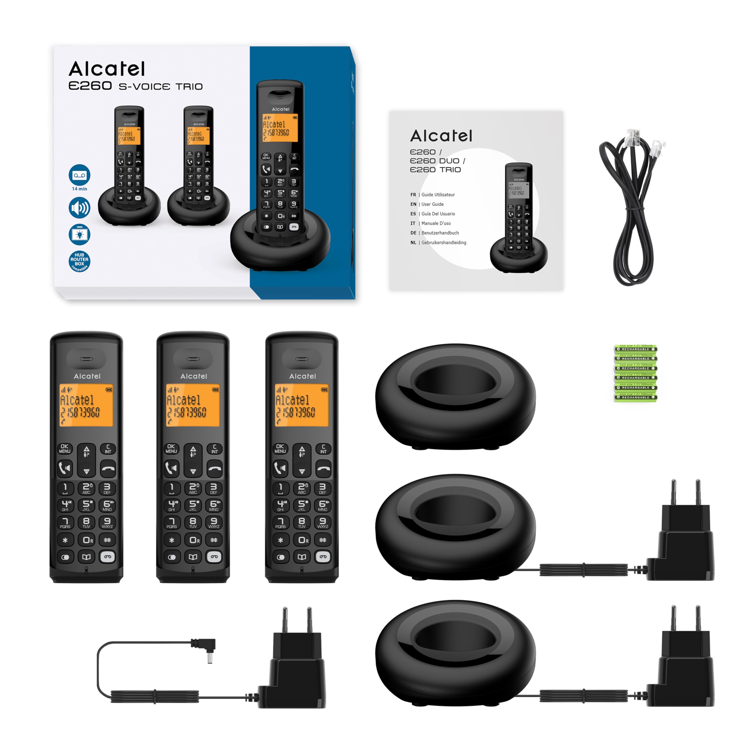 Alcatel E260 S.Voice Trio - Teléfono inalámbrico DECT con contestador con 3 teléfonos: diseño Compacto, Pantalla retroiluminada Grande, función Manos Libres, Bloqueo de Llamadas no deseadas