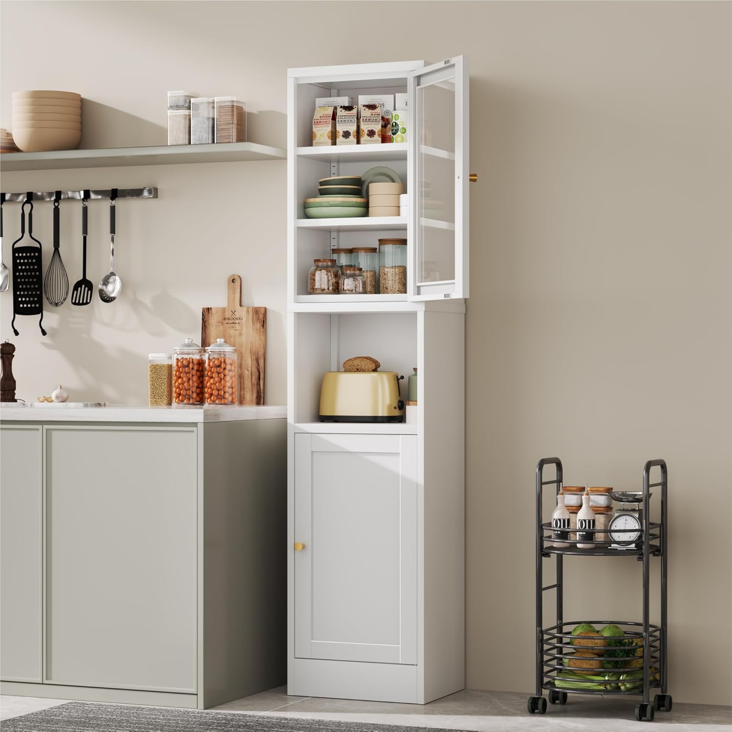 Metal Storage Cabinet with Glass Door, Tall Slim Pantry Organizer with 3 Adjustable Shelves (120LBS/Shelf), Anti-Tipping Waterproof Cabinet for Kitchen/Home Office/Small Spaces,(1PC,White)