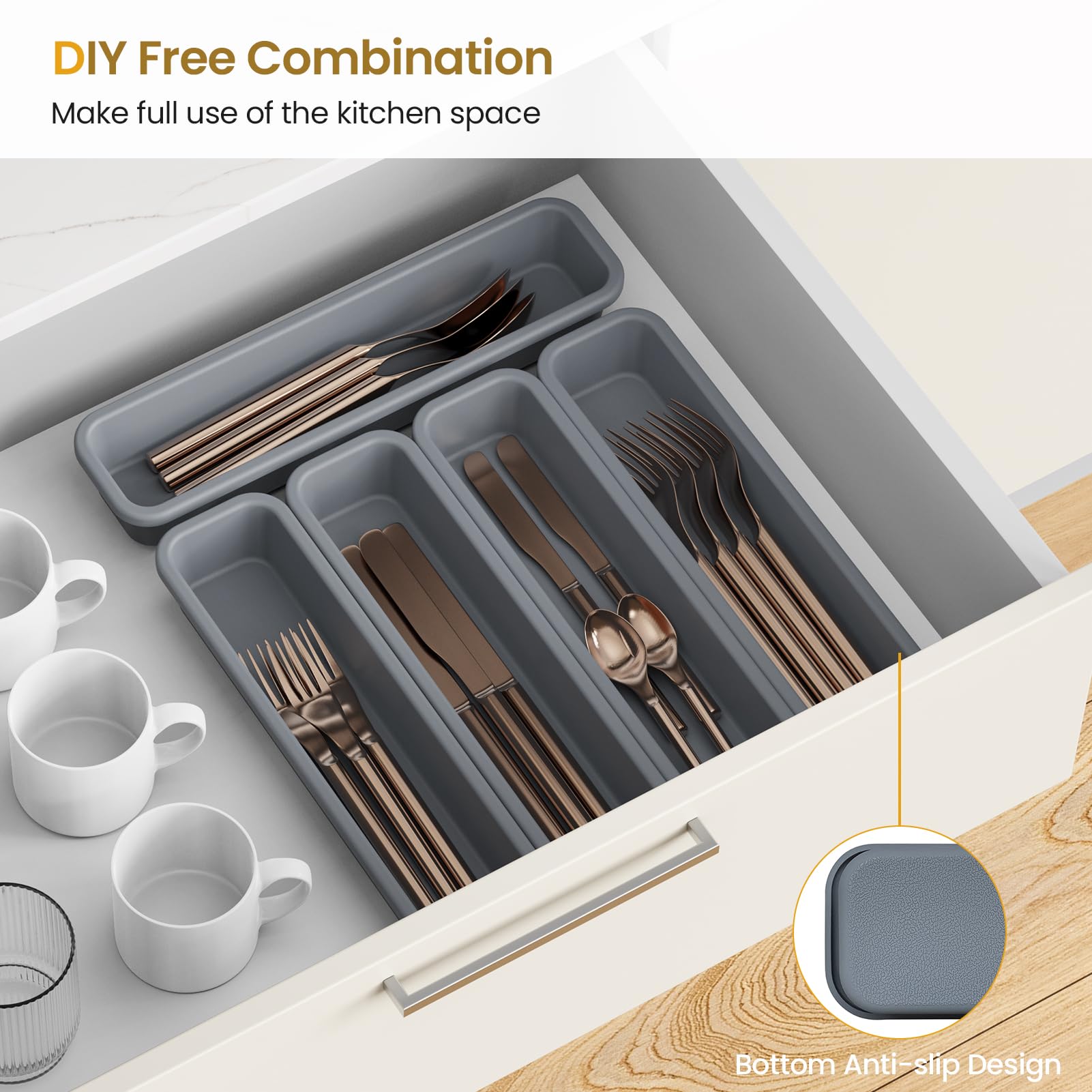 5er-Pack Silikon-Schubladen-Organizer für die Küche, DIY-freie Kombination Besteck-Organizer, Utensilien-Schubladen-Organizer, feuchte- und hitzebeständig bis zu 200°C, rutschfestes Design