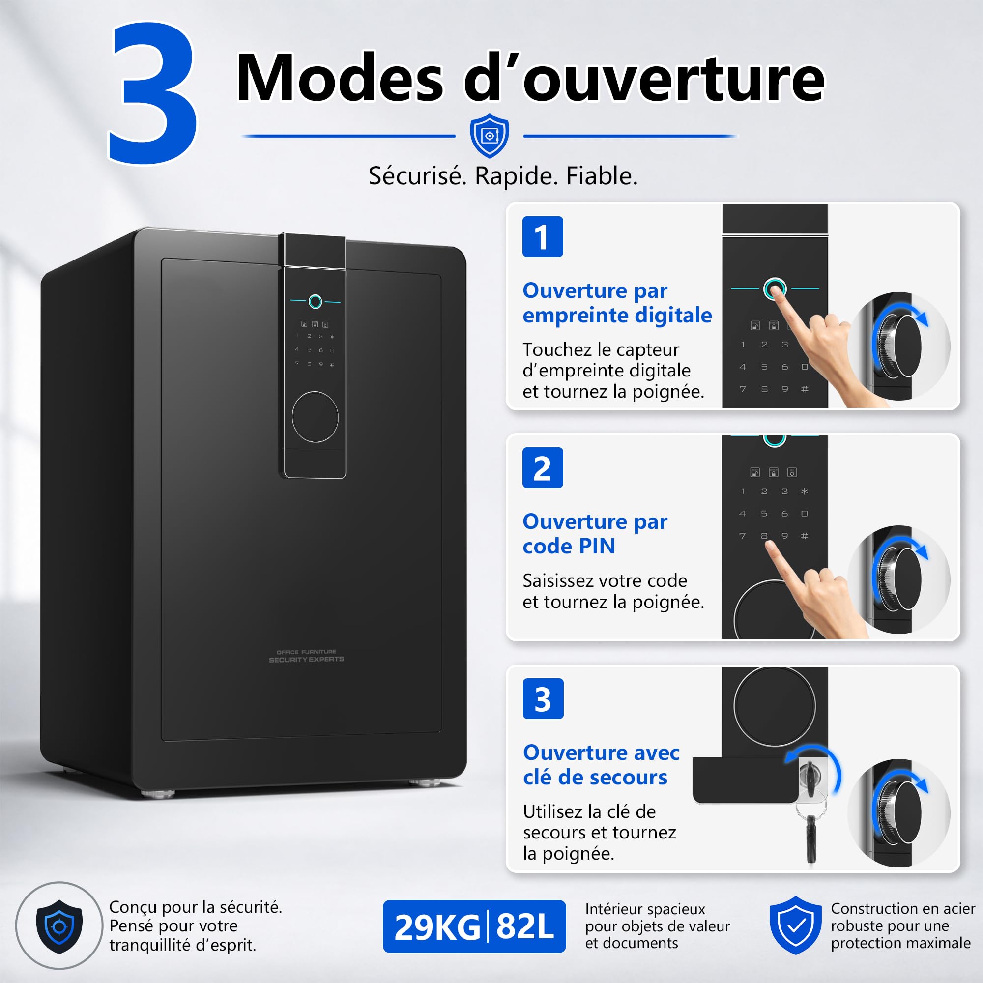 29KG Lourd Coffre Fort en Acier, 82L Coffre-fort Électronique avec Empreinte, Digitale Code et Clé, pour Maison et Bureau, Idéal pour Bijoux, Argent et Documents A4, Notice en Français (Blanc,84L)