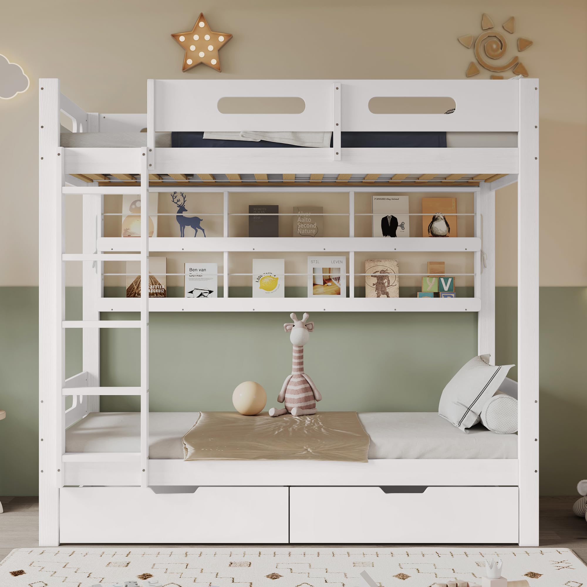 Letto a castello, 90 x 200 cm, lettino con rete anticaduta, due cassetti su ruote, scaffale aperto, scala a cinque livelli, ampio spazio di archiviazione, pino+MDF, bianco