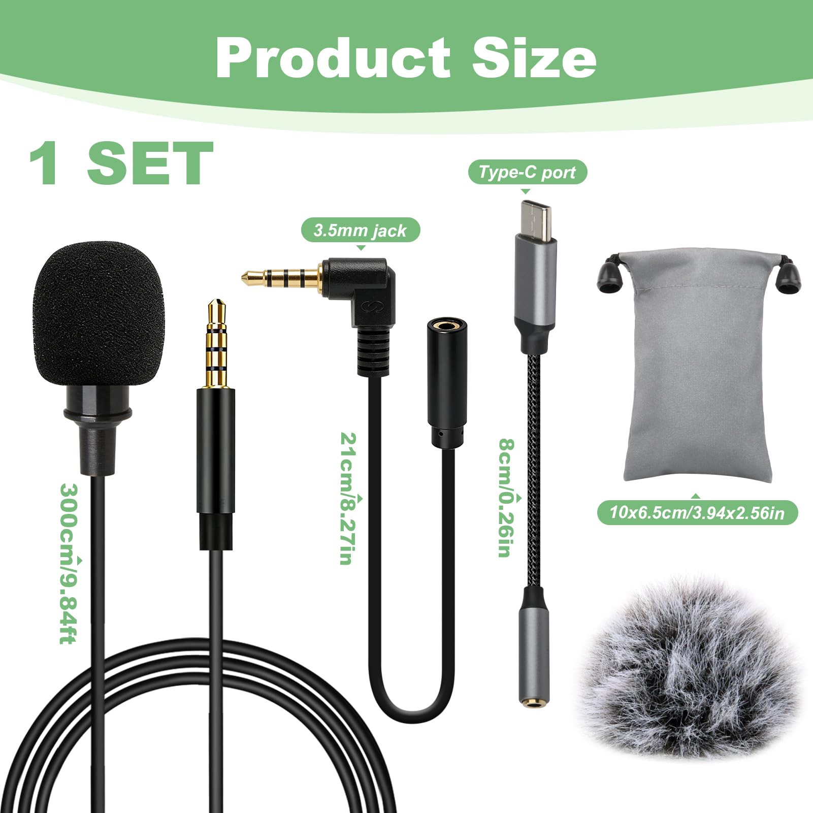 Micrófono de Solapa Omnidireccional lavalier Micrófono con 2M Cable Parabrisas Type-C Adaptadores, 3.5mm Audio Cables para Grabación Entrevista Videoconferencia Podcast Dicción de Voz Phone