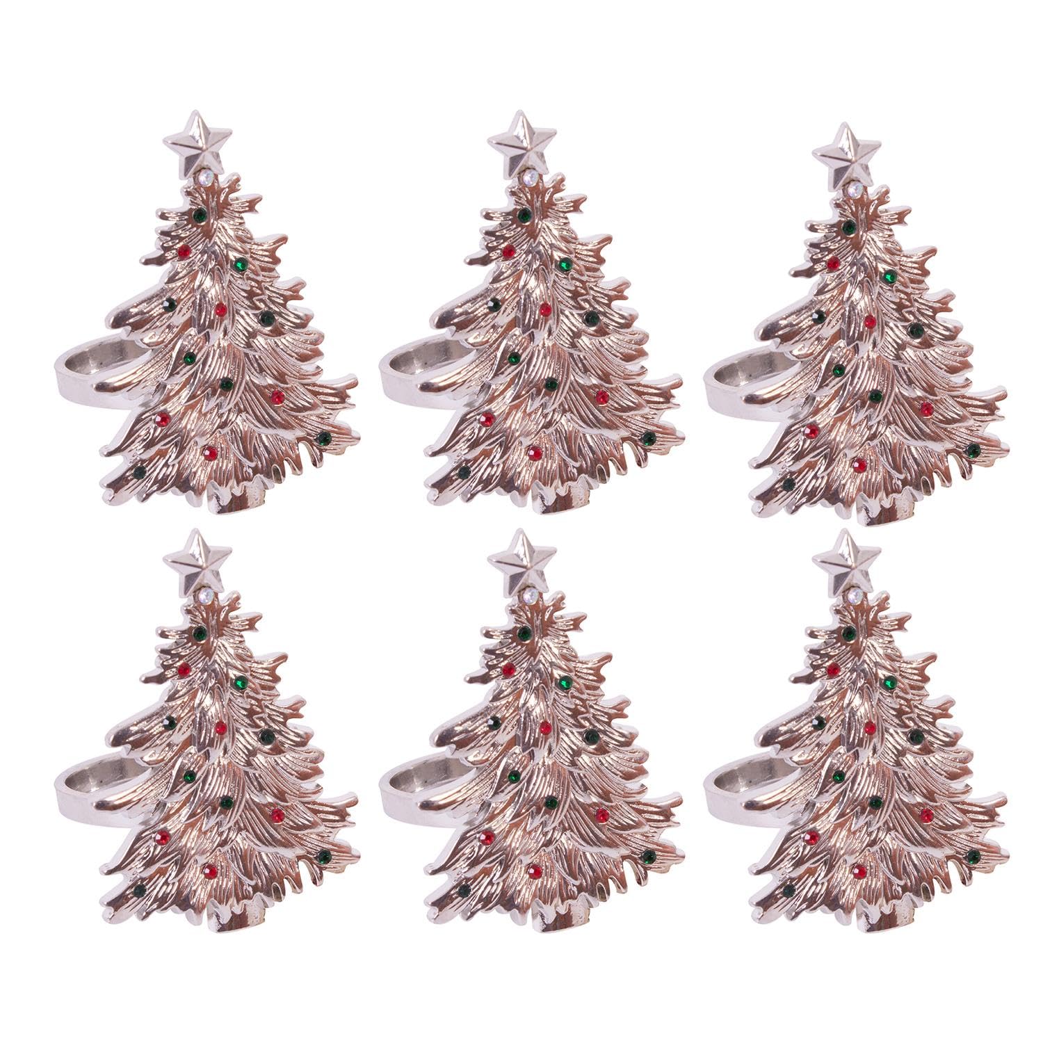 Yöl Silver Christmas Trees Set Of 6 Silver Gem Christmas Tree Napkin Ring Xmas Tableware Festive Dinner Lunch Decoration Serviette Holder