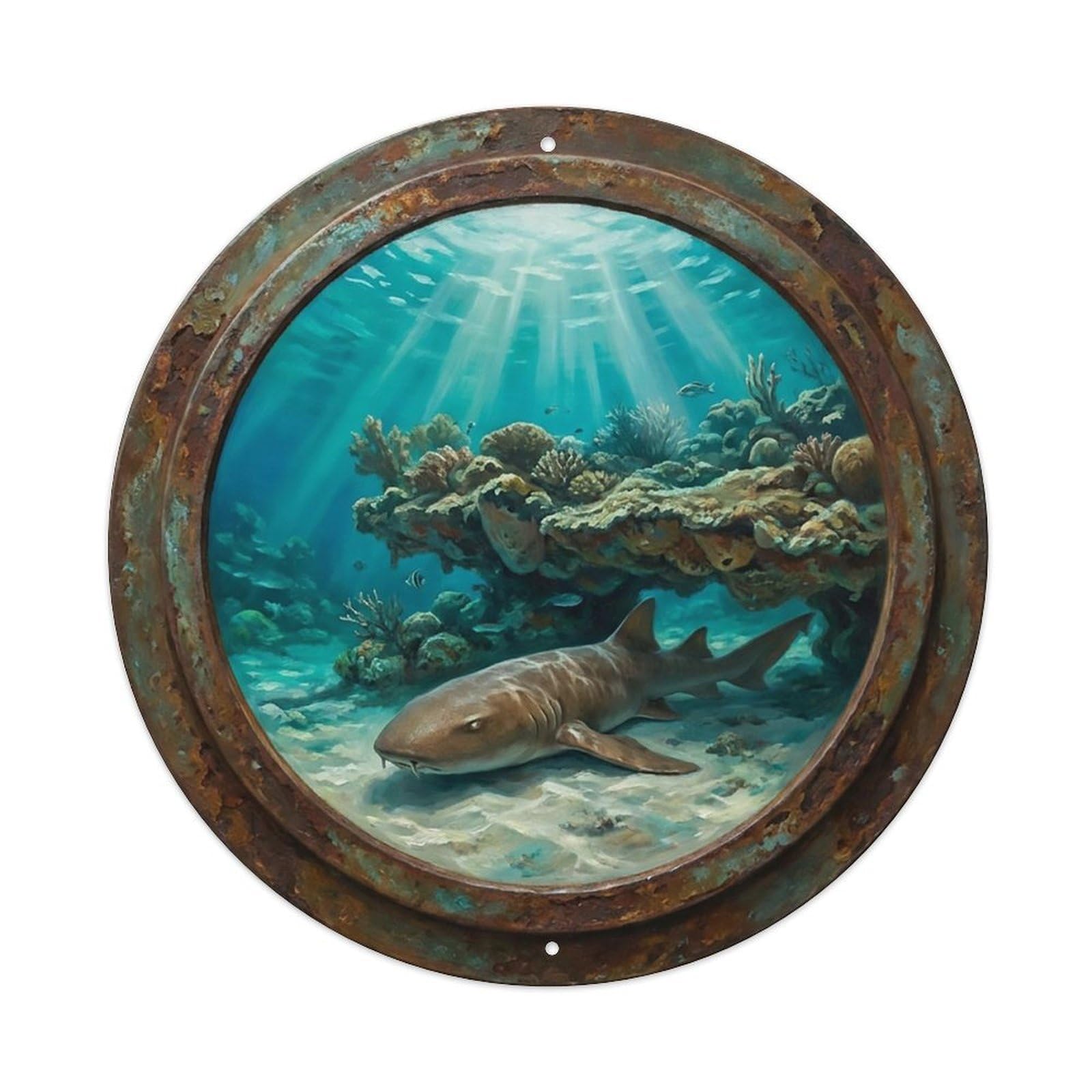 Vintage Porthole Nurse Shark Rest Ship Window Undersea Deep Sea Metal Tin Sign