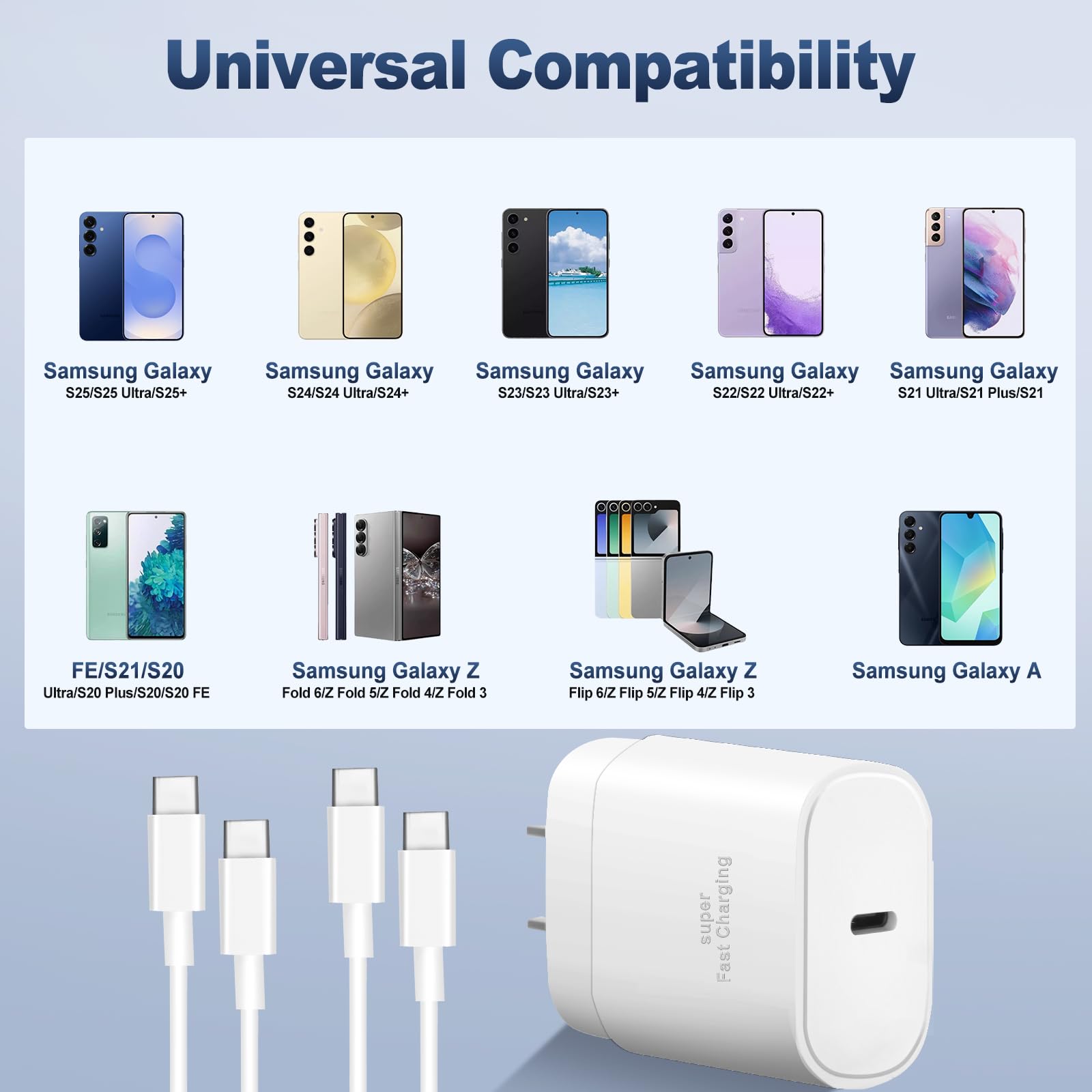 Caricabatterie USB C per Samsung, 25 W di tipo C, blocco di ricarica rapida, confezione da 3 caricabatterie per telefoni Android, 3 m, extra lungo, cavo di ricarica rapida per Galaxy S25 Ultra/S25+