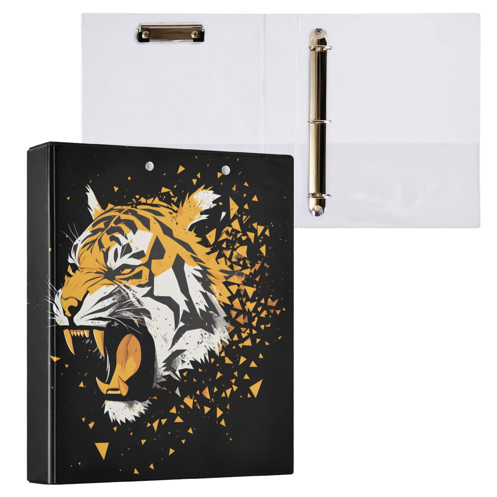 Confezione da 2 raccoglitori a 3 anelli, motivo tigre arrabbiata, 3,8 cm, con 3 tasche trasparenti, portablocco e contiene 200 fogli, per ufficio, scuola, organizzazione domestica