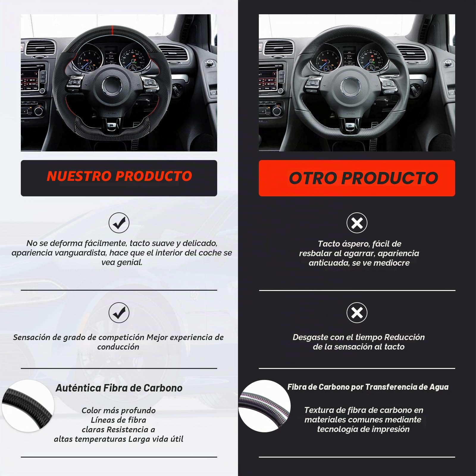 Volante de fibra de carbono, piel y D, con fondo plano y costuras rojas, mango de cuero perforado para VW Volkswagen Golf MK6 GTI 2008-2014