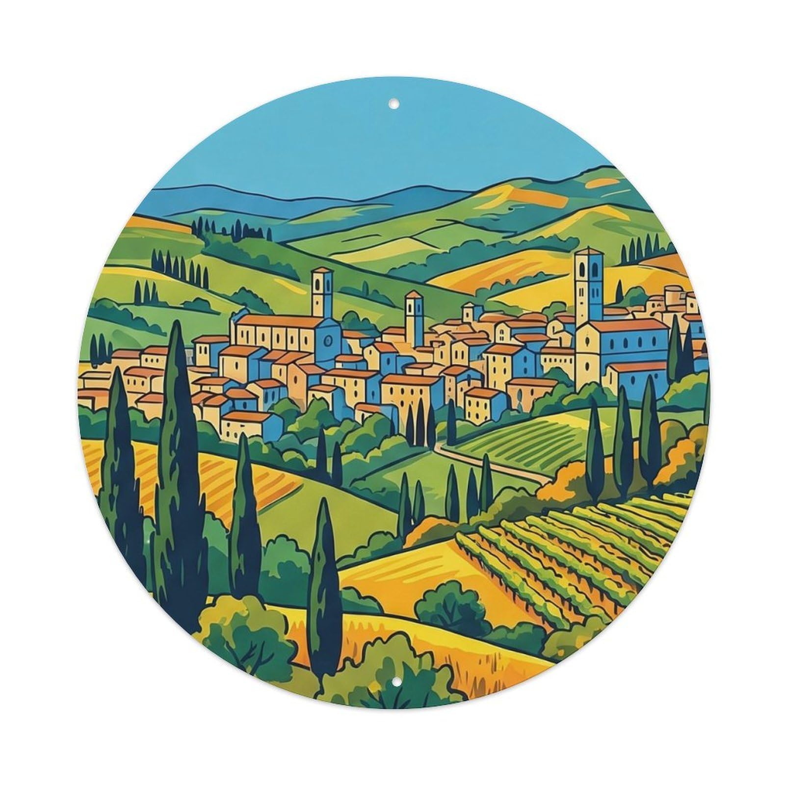 Hilltop Perugia City Destination Classic Heritage Scenic Metal Tin Sign Plaque Wall Decor for Cafe, Man Cave, Club Bar, Office, Home Garden Round Metal Poster 8x8Inch