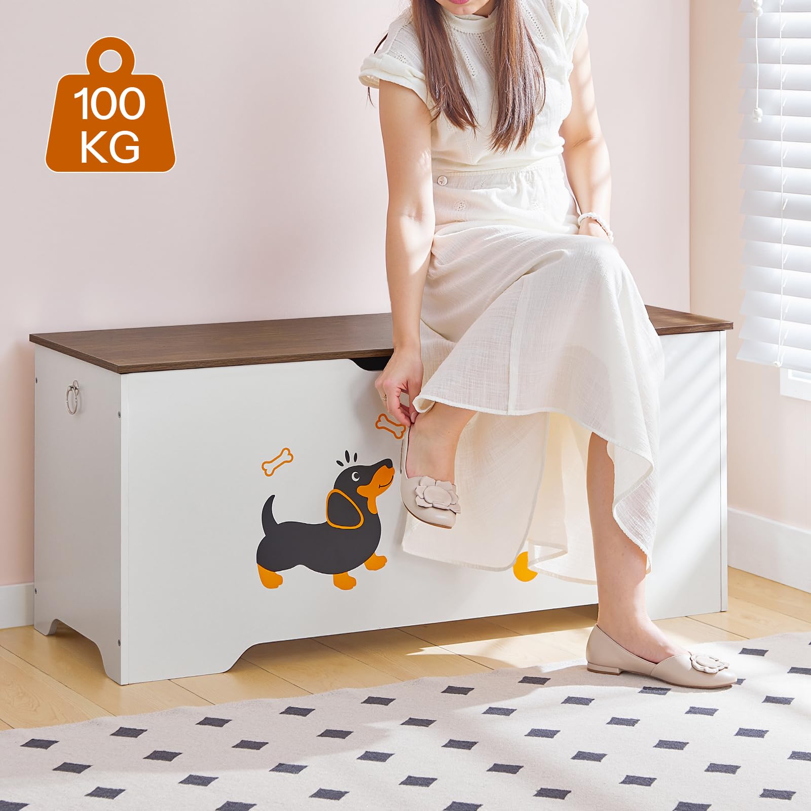 HOOBRO Cassapanca Bambini con Motivo Cane, Baule Giocattoli con 2 Maniglie Sicurezza, 110 x 40 x 49,4 cm, Panca Contenitore Stile Rustico Ingresso, Camera Letto, Soggiorno, Bianco e Noce EWH495CW01