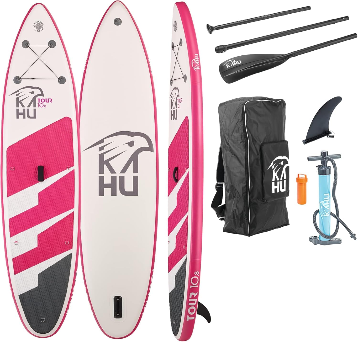 KAHU® Tour 10’8’’ Stand up Paddling Board – aufblasbares iSUP Board komplett Set inkl. Alu-Paddel und Pumpe - Touringboard für Anfänger – 335x78x15cm – 150kg Traglast – Kajak Sitz als Zubehör