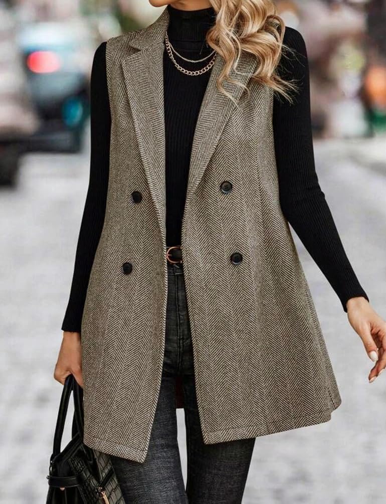 Long Vest for Women Sleeveless Tweed Jacket Blazer Fall Winter Herringbone Casual Cardigan Outerwear - Image 2
