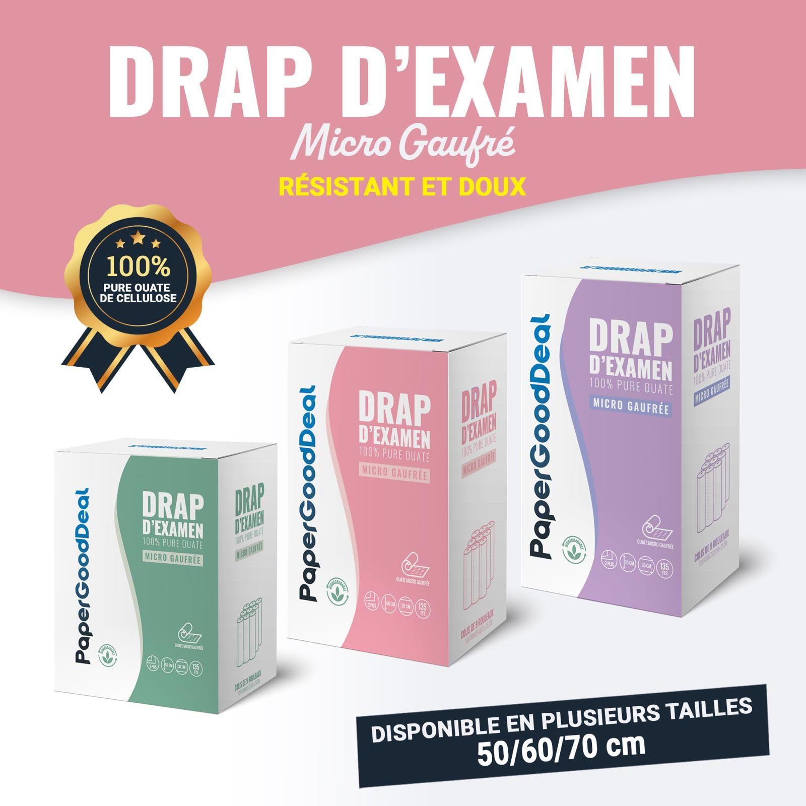 12 rollos de 150 hojas, sábanas de examen de gran ancho 60 cm, 2 capas de 2 x 19 g/m² para mesa médico-masaje-cuidado estético naturópata 100% pura guata de celulosa precortada cada 35 cm