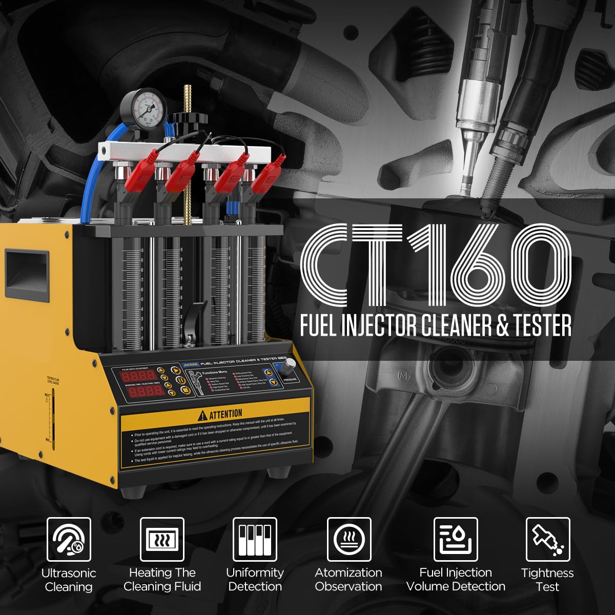 LINXINO CT160 Fuel Injector Cleaner Tester Machine 4 Cylinders Upgraded Ultrasonic Car & Motorcycle Fuel Injectors Cleaner Kit Tool with 9 Types of Injector Diagnostic,Ultrasonic Cleaning 110V/220V