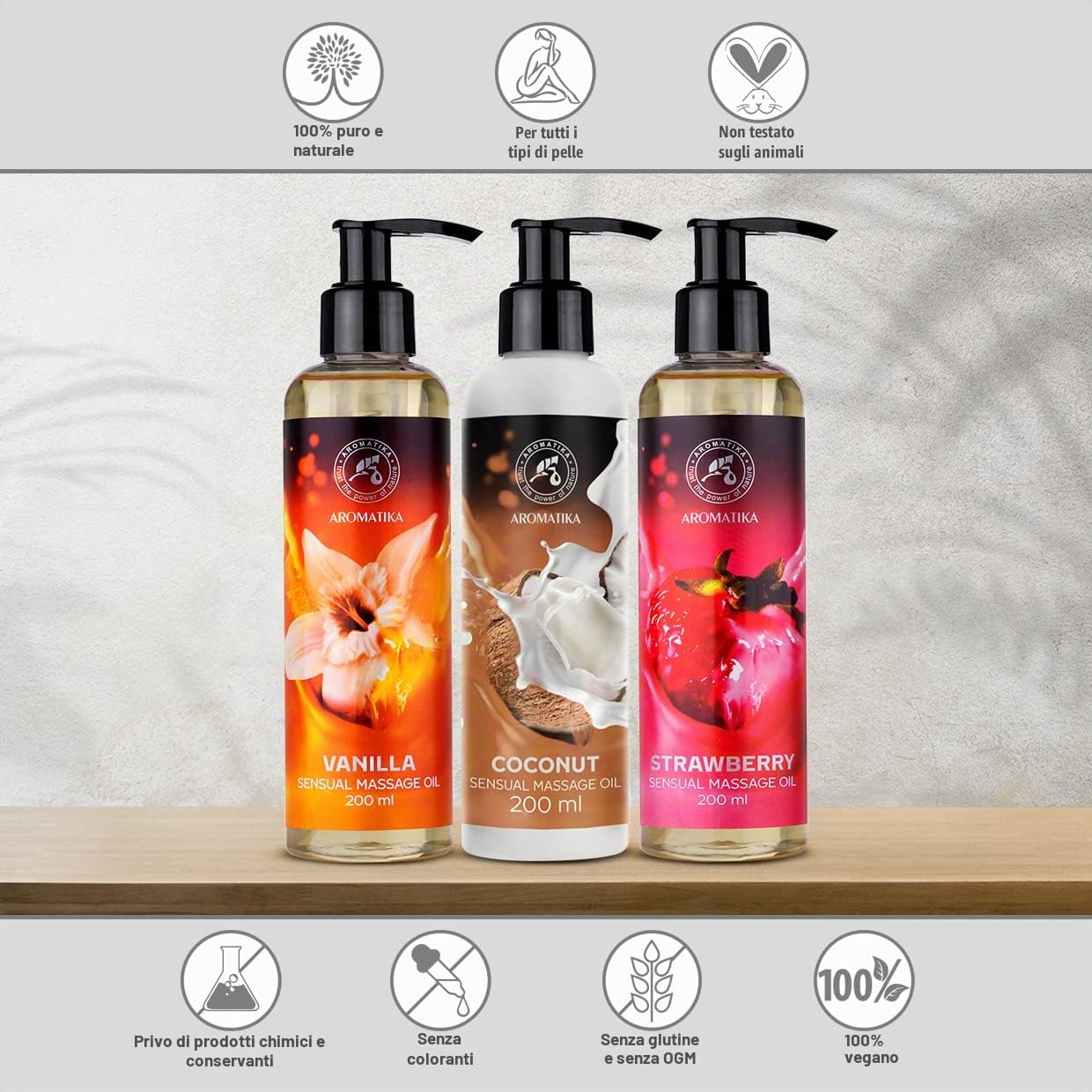 Olio da Massaggio Sensuale Vaniglia - Cocco - Fragola 3x200ml - Olio di Сocco - Oli di Mandorle e Vinaccioli - Commestibile - Olio per Momenti Emozionanti - Olio per Massaggi Rilassante
