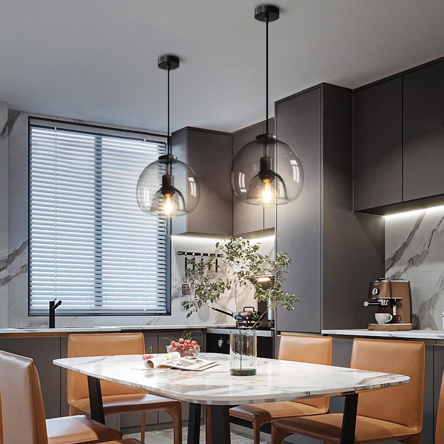 MIXL-Modern Pendant Light Kitchen Island,Smoked Glass Pendant Light Fixture,Black Globe Island Lights,Mid Century Modern Hanging Lamp for Study Room Office