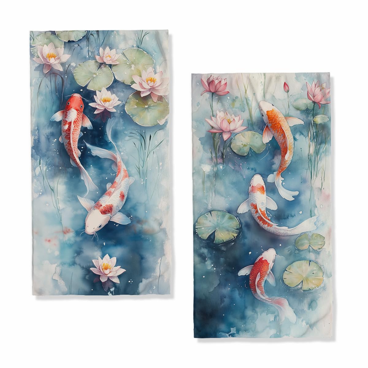 Photo 1 of XYJFZL Koi Fish Hand Towels Highly Absorbent Watercolor Japanese Carp Pond Lotus Leaf Bathroom Kitchen Towels Set of 2 Face Towels for Bathroom Gym Hotel Sport Decor Gifts for Women Man 14"x28"