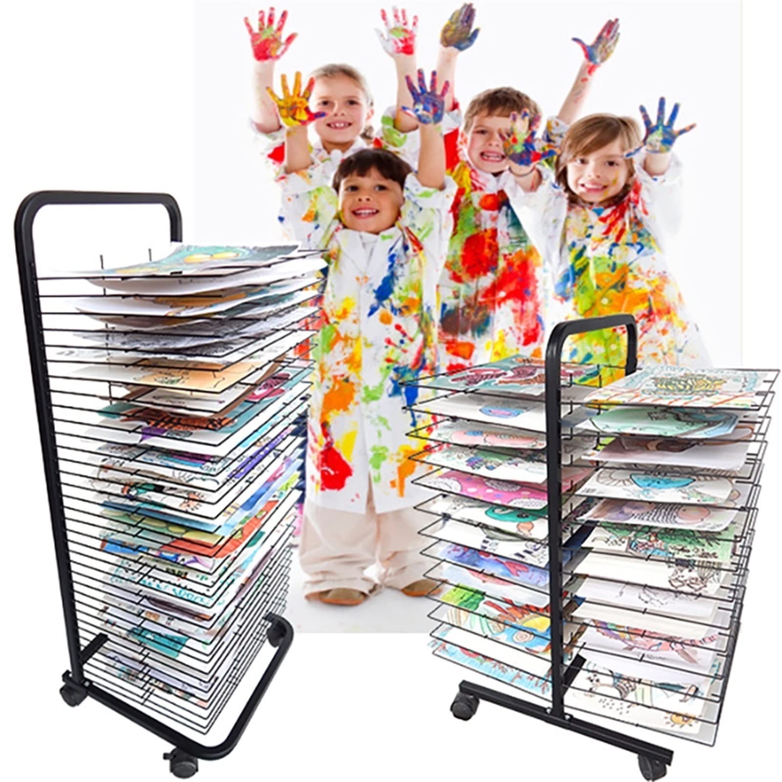Elastyczny stojak do suszenia artystycznego z kółkami – A3/4K do przechowywania papieru i płótna, mobilne stalowe półki do klasy i studia artystycznego, idealny do dzieł sztuki, czarny