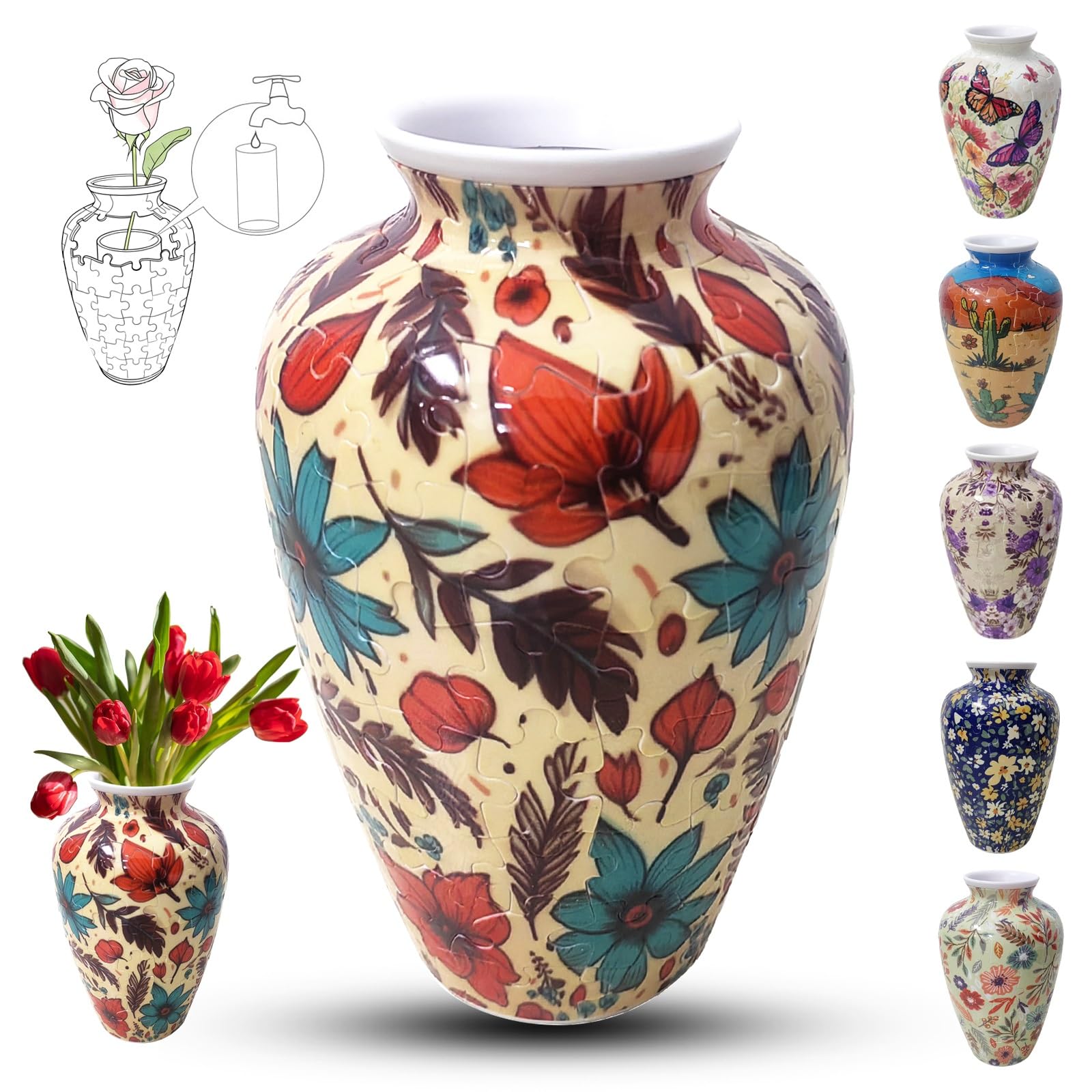 Adults 3D Jigsaw Vase, 120 Pieces, DIY Jigsaw Puzzle, 3D curved puzzle with water column, perfect for displaying real or artificial flowers and flower arrangements(Big leaves)
