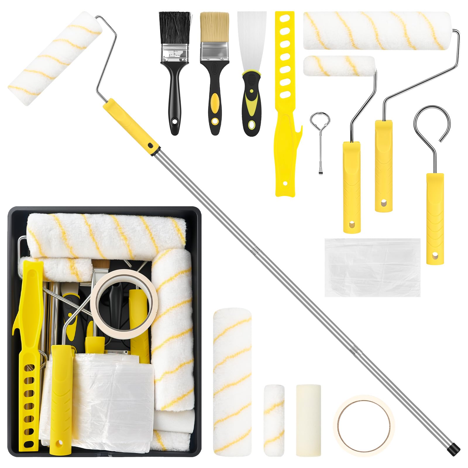Paint Roller Set,19 Pieces 9" + 4" Paint Rollers and Trays Set with 1.5m Extension Pole, Paint Brush, Frames and Paint Tray for Painting Walls, Ceiling, Wall Paint Roller Home Painting Kit (Yellow-2)