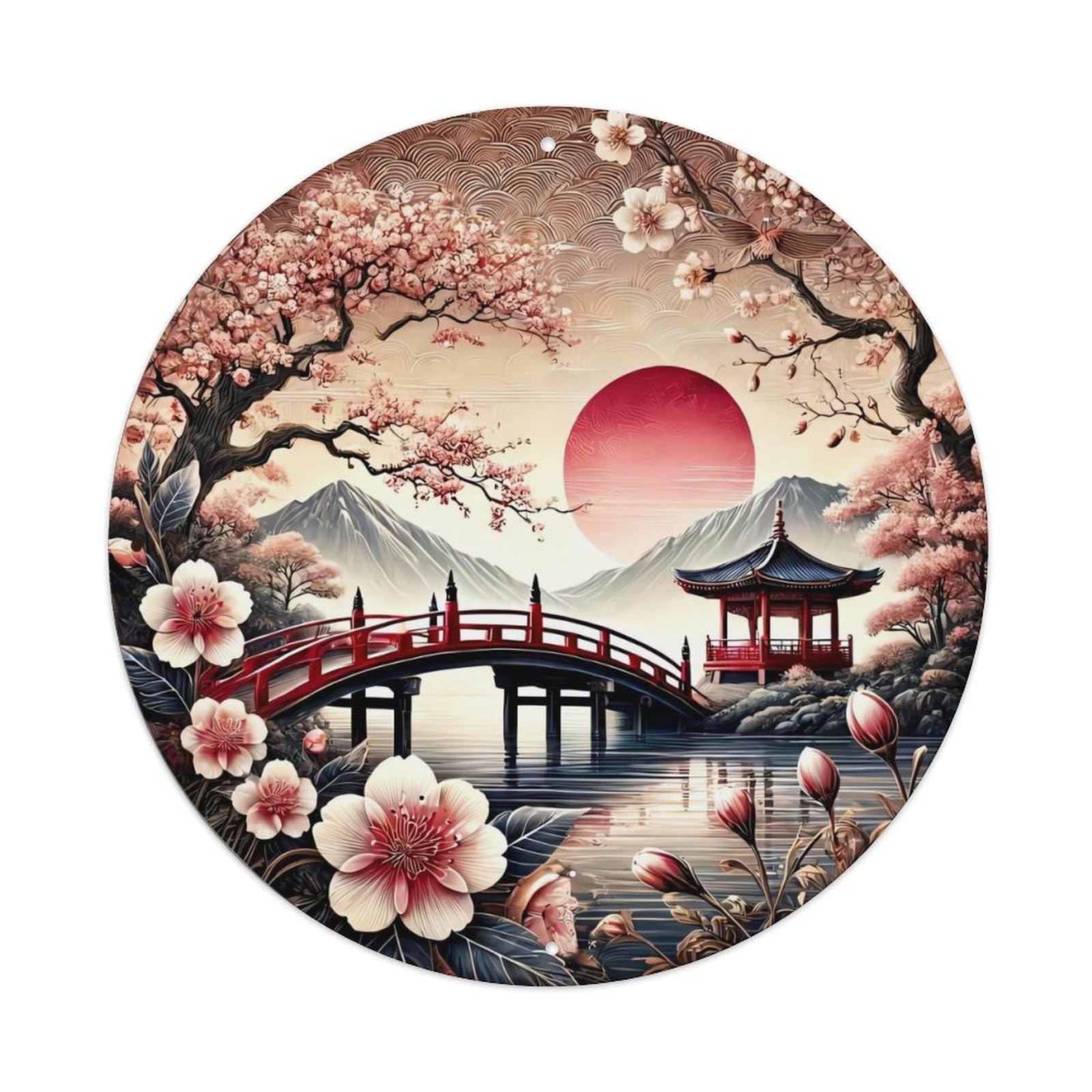 Cherry Blossom Bridge Sunset Mountain Tin Sign Metal Poster Vintage Metal Signs for Home Man Cave Bar Cafe Kitchen laundry room Wall Decorations Gift 8x8Inch
