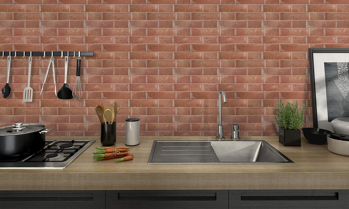 Crystiles 12x12 Peel And Stick Vinyl Backsplash Tile - Matte Red Brick, 4-Sheet Pack, Thicker Version