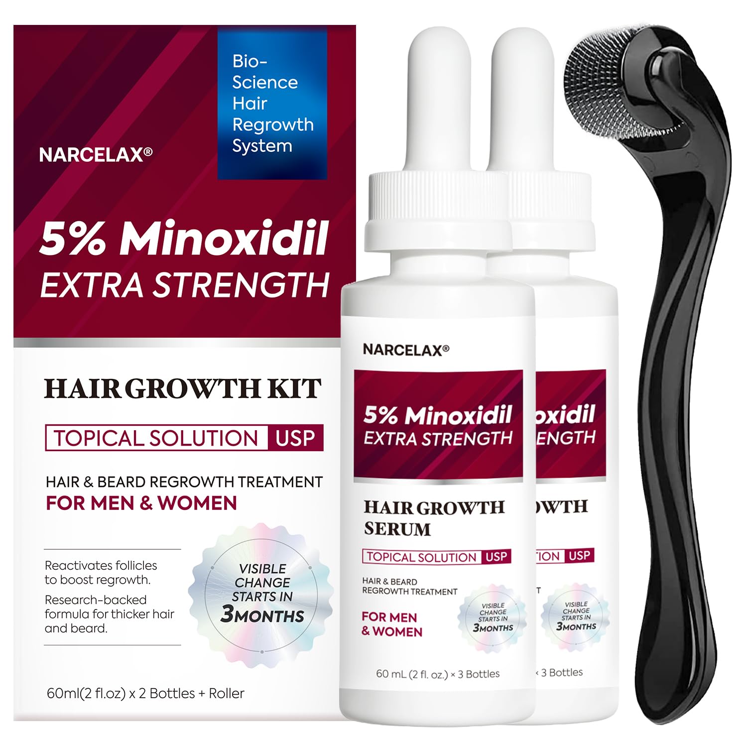 5 Minoxidil Hair Growth for Men and Women Extra Strength Beard Regrowth Treatment Serum Kit 60ml 2Bottles