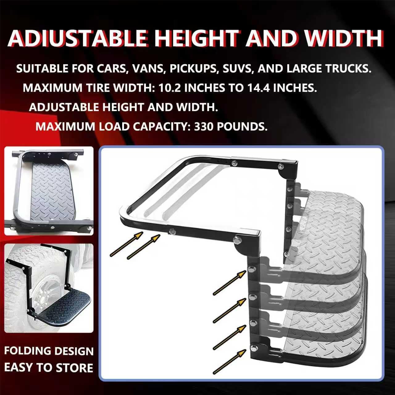 Folding Heavy Duty Tire Step for Truck, SUV and RV Adjustable Tire Mounted Step Fit Most Tire from 10.2” to 14.4”, Rated up to 300 Lbs, Portable Non-Slip Platform, Black