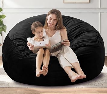 EDUJIN Bean Bag Chair, Memory Foam Bean Bag Chairs for Adults, Soft Velvet Cover, Stylish Beanbag Sofa for Living Room, Convenient Pocket & Pull-Handle Design - 3 Foot, Black